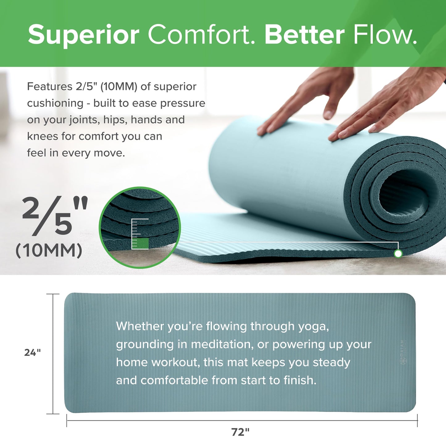 Gaiam Essentials Thick Yoga Mat Fitness & Exercise Mat with Easy-Cinch Carrier Strap, Purple, 72"L X 24"W X 2/5 Inch Thick, 10mm