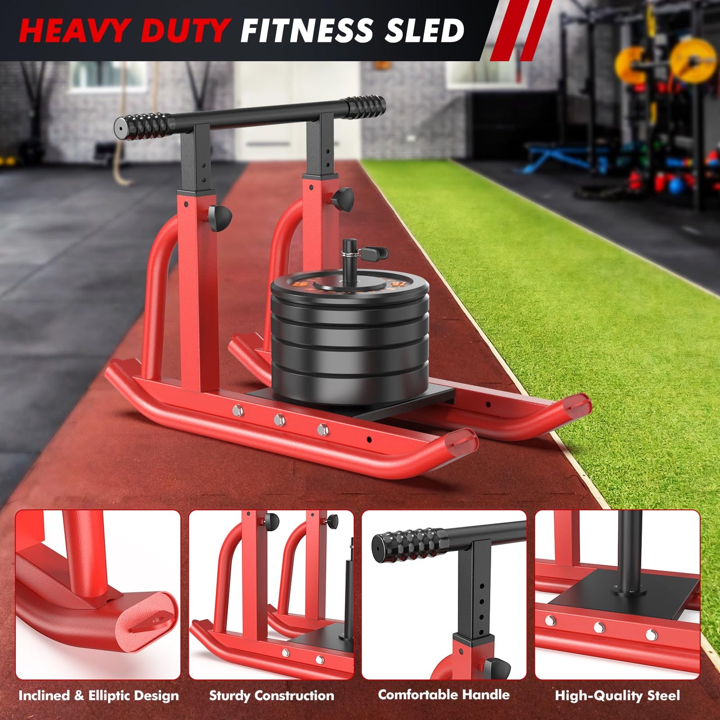 TYRSEN Weight Sled, Heavy-Duty Push Pull Sled, Adjustable Height Handle, Workout Fitness Sled for Training- Running Speed, Agility, Soccer, Football, Strength, Crossfit- Suitable for 1" & 2" Plates