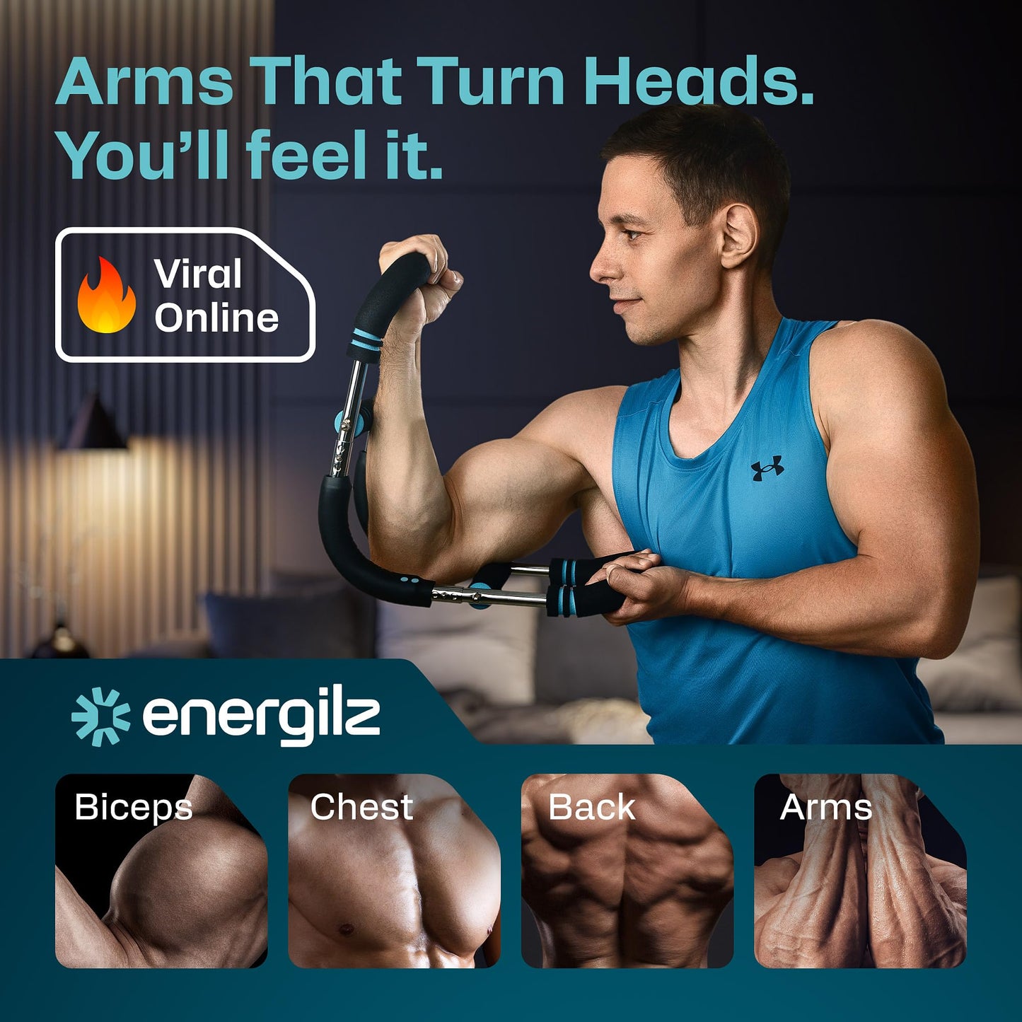 ENERGILZ Twister Arm Trainer | Chest Workout Equipment Also for Biceps, Shoulders, Forearms, Back, Legs; Arm Chest Trainer for Men, Women, Beginners, Pros | 2 Spring Sets, 6 Resistance Levels (Blue)