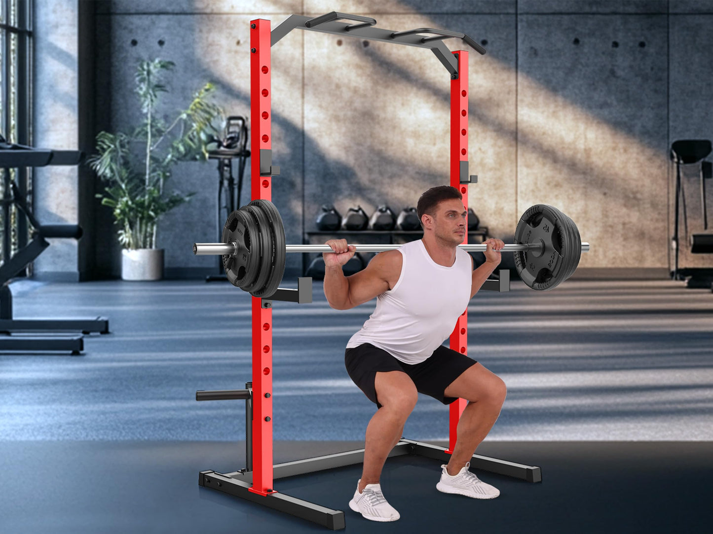 OPPSDECOR Squat Rack, Multi-Function Power Cage Rack with Adjustable Weight Bench, Squat Rack with Pull-up Bar, J-Hooks, More Training Attachment for Home Gym