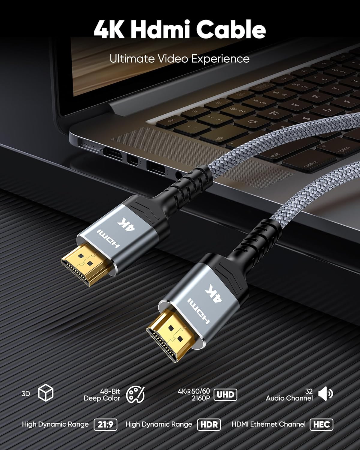 4K 8FT 4K@60Hz 18Gbps 3D, 2.2, PS-5/4/3/4K Highwings HDMI Cable - HDR Braided HDMI Cord, High Speed with Ethernet/ARC