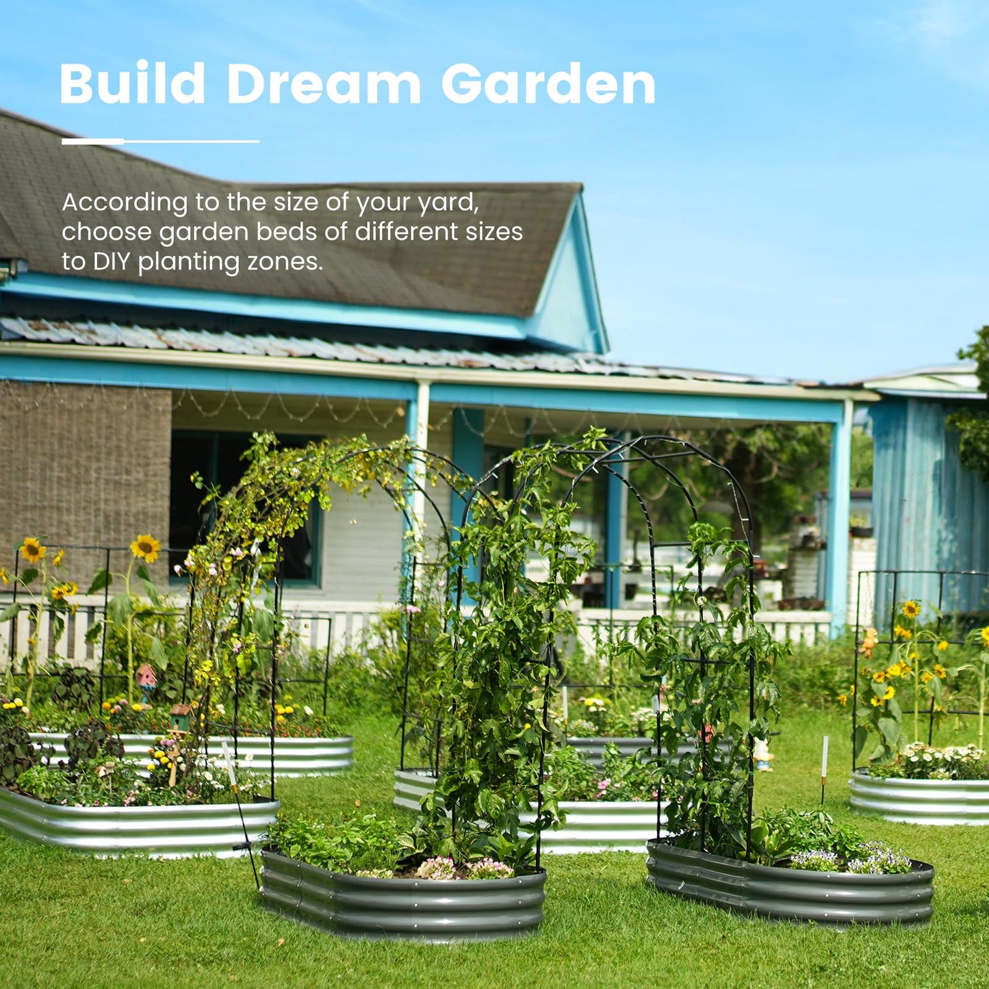 KING BIRD Raised Garden Bed with Wall Trellis Galvanized Planter Garden Box Outdoor for Gardening, Climbing Vegetables, Flowers 7.87x3.94x0.98 Ft, Dark Grey