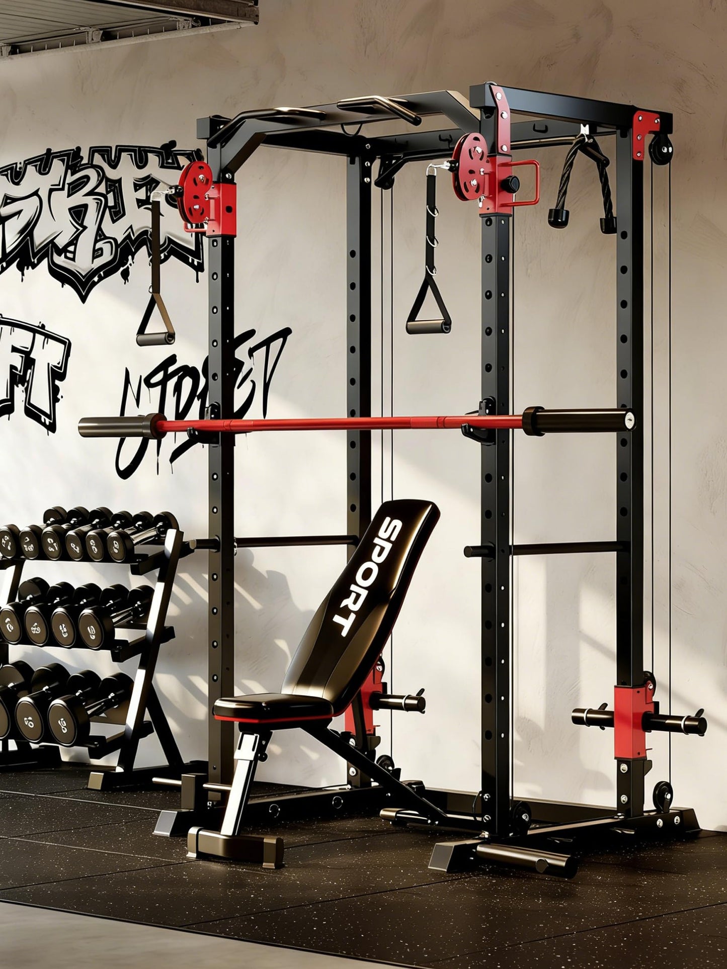 GarveeLife Power Cage, Power Rack with Cable Crossover System, 2000LBS Squat Rack with LAT Pull Down System, Workout Cage with Pulley System for Fitness Home Gym Strength Training(Red and Black)