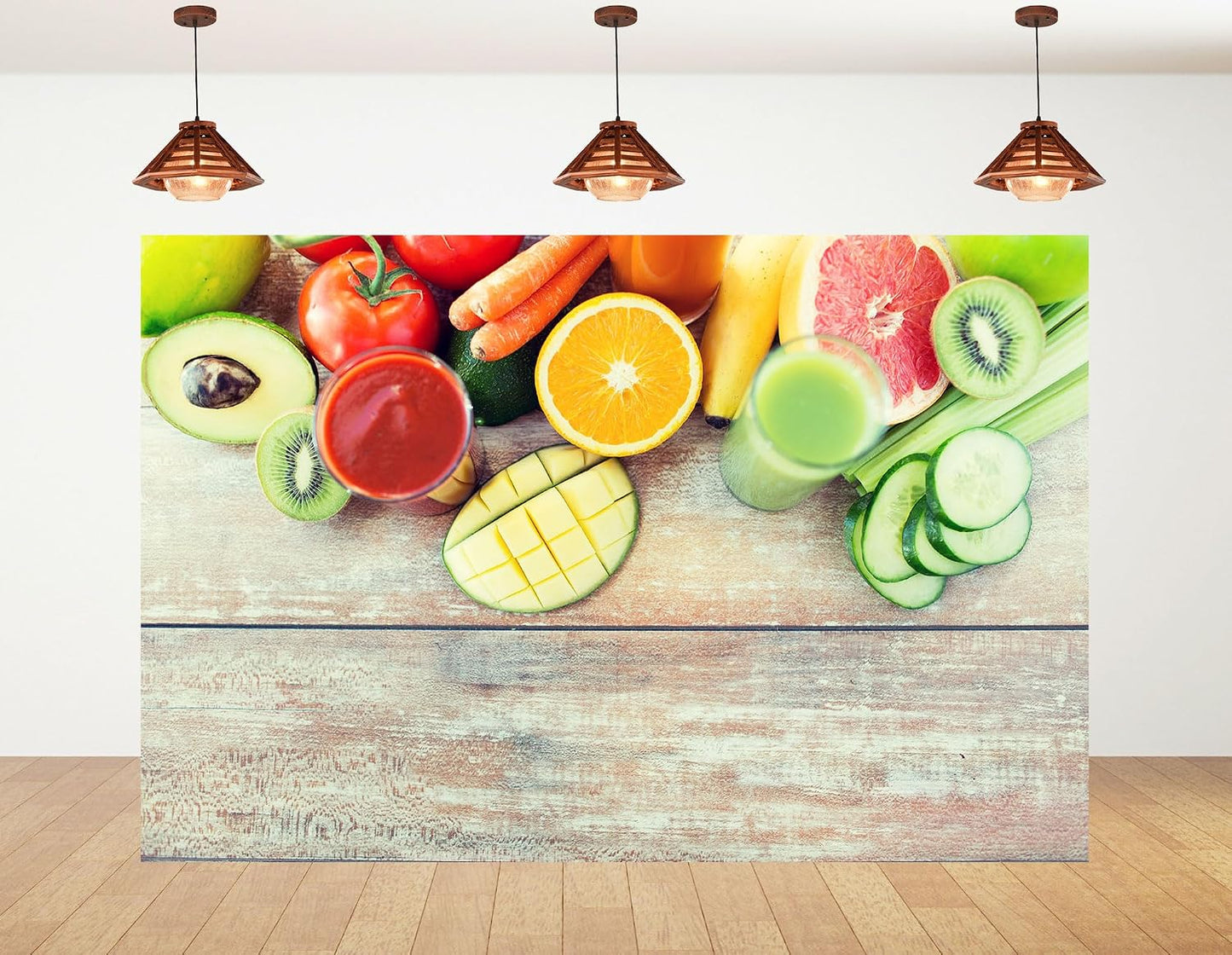 KeyWork 8x8ft Fresh Fruit Smoothie Backdrop Colorful Produce Wooden Table Photography Background for Healthy Themed
