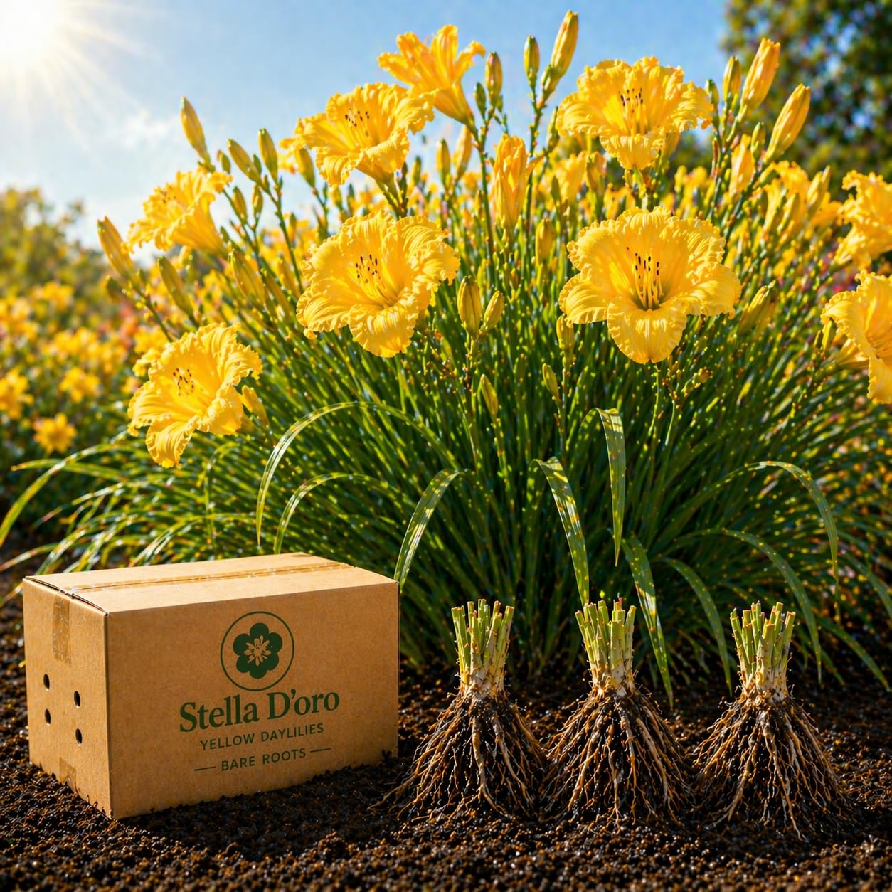 American Stella D’Oro Daylily Bare Roots – Perennial Hemerocallis for Spring Planting – Easy-to-Grow Outdoor Garden Flowers – Attracts Butterflies & Bees (12, Twelve Bare Roots with Bulb Planter)