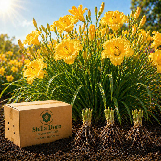 American Stella D’Oro Daylily Bare Roots – Perennial Hemerocallis for Spring Planting – Easy-to-Grow Outdoor Garden Flowers – Attracts Butterflies & Bees (6, Six Bare Roots)