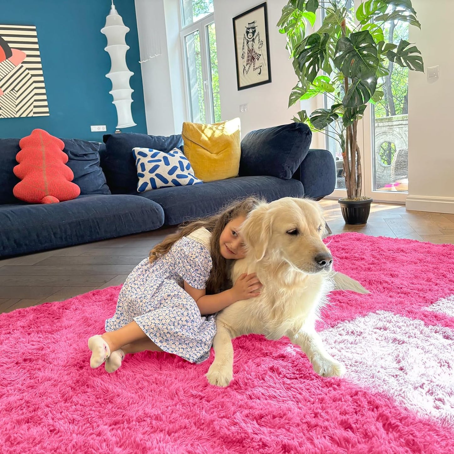 OLANLY Large Area Rug - Soft Fluffy Shaggy Carpet for Living Room & Bedroom | Machine Washable, Hot Pink