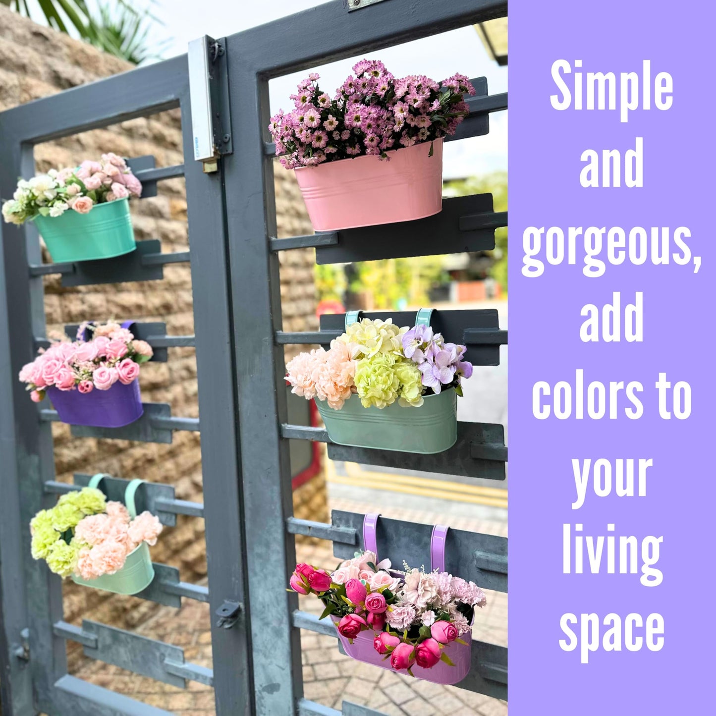 LaLaGreen Outdoor Hanging Planter (11.2 Inch, 6 Pack) Light Pink, Light Purple, Turquoise, Light Blue, Dark Purple, Cadet Blue Metal Iron Window Box Flower Pot Deck Railings Fence Porch Garden Decor