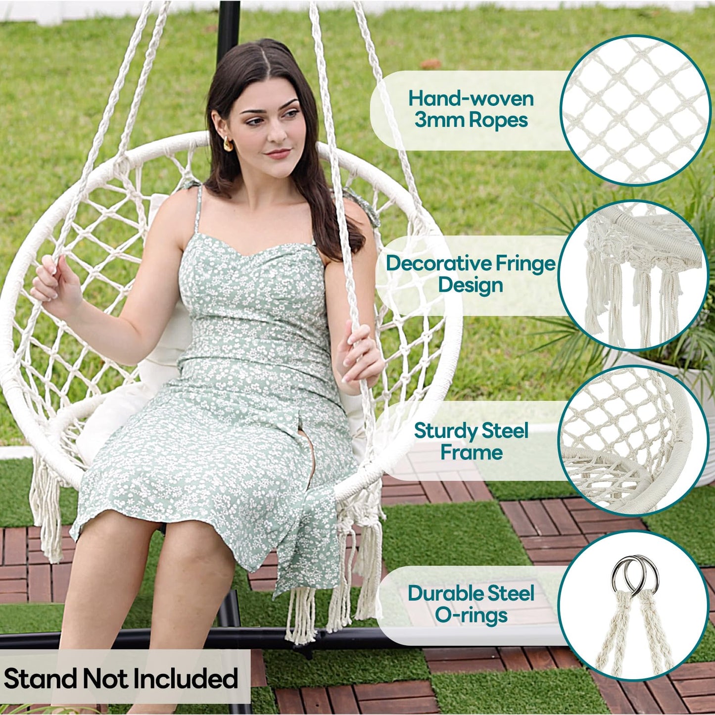 JoyView Macrame Hammock Chair Hanging Swing Chair Max 330 Lbs with 2 Cushions and Hardware Kits for Indoor Outdoor Bedroom Patio Garden - Beige