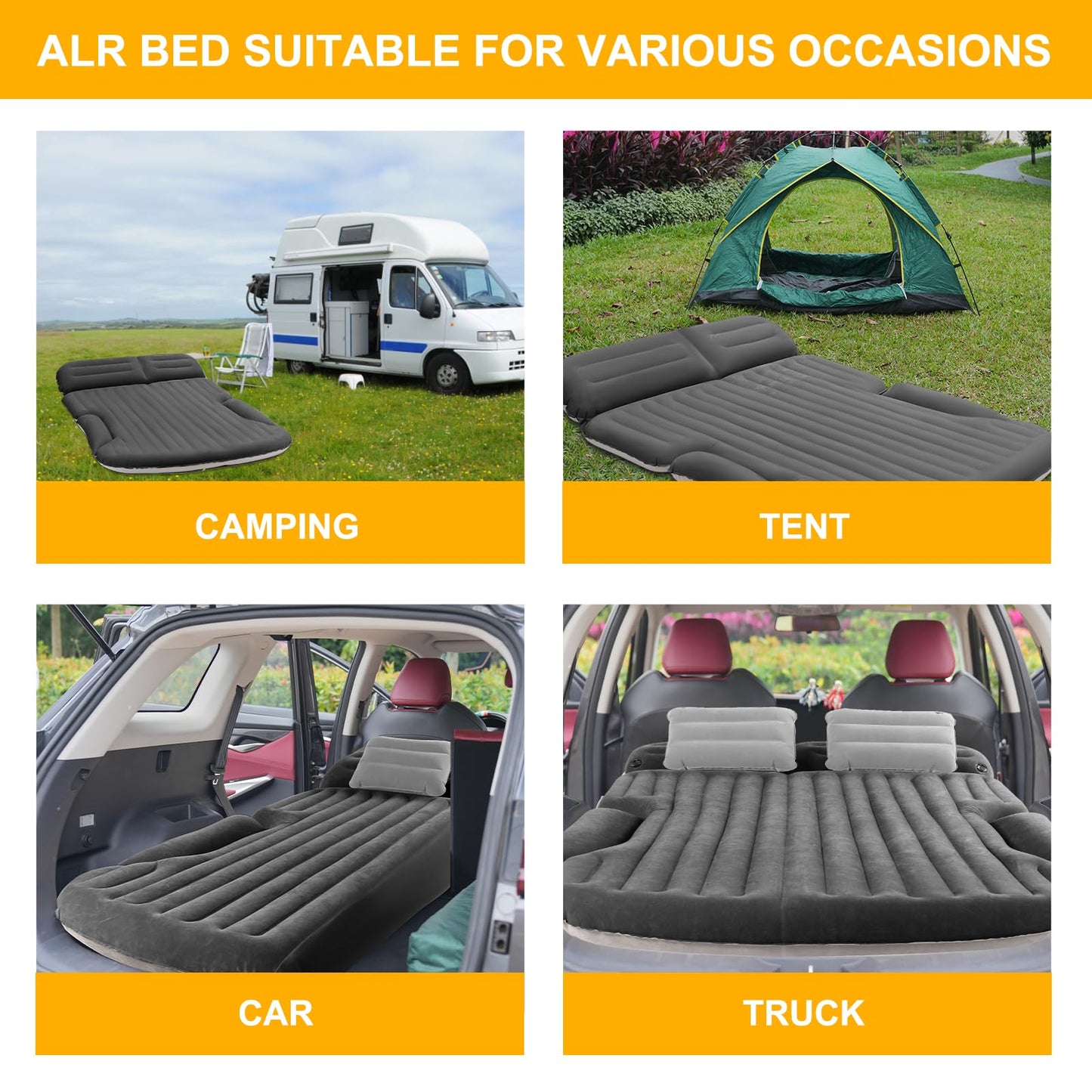 KMZ SUV Air Mattress Thickened and Double-Sided Flocking Travel Camping Bed with 2 Pillows & Electric Pump Dedicated Mobile Cushion Inflatable Bed for SUV Trunk and Rear Seat (Dark Gray)