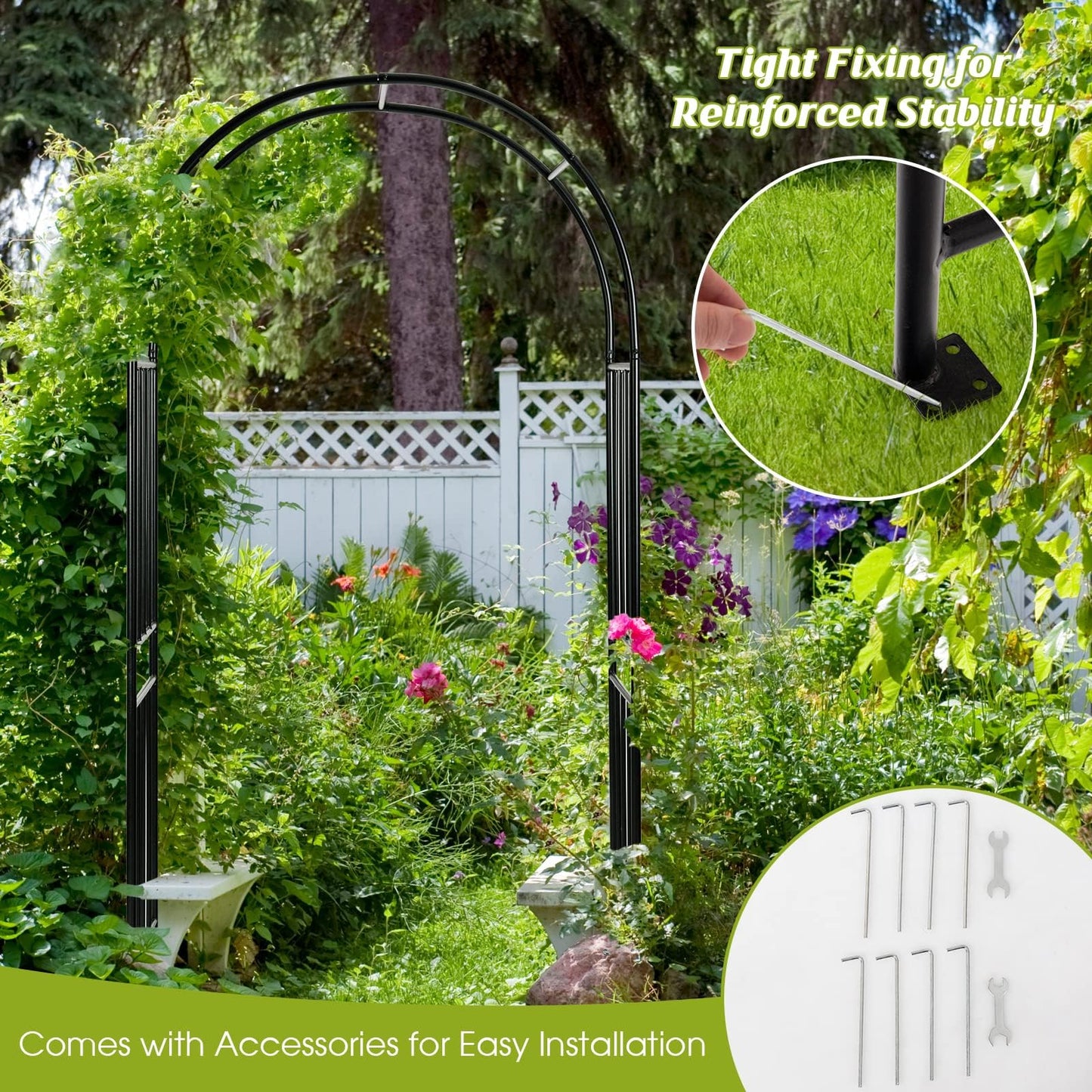 LDAILY Moccha Garden Arch Arbor Trellis, 7.2Ft Outdoor Steel Arbor with Stakes, Metal Archway for Climbing Plants, Wide Sturdy Garden Arch for Lawn, Party, Ceremony Wedding Decoration, Black