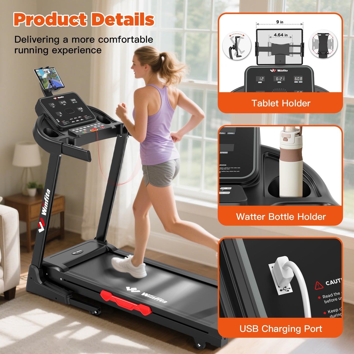 Winfita 3.5HP Incline Treadmill for Home, 300 lbs Weight Capacity Folding Treadmill with 0-12% Auto Incline, 14'' Large Display Running Machine with 8 MPH Speed, Wide Belt, App, Heart Rate