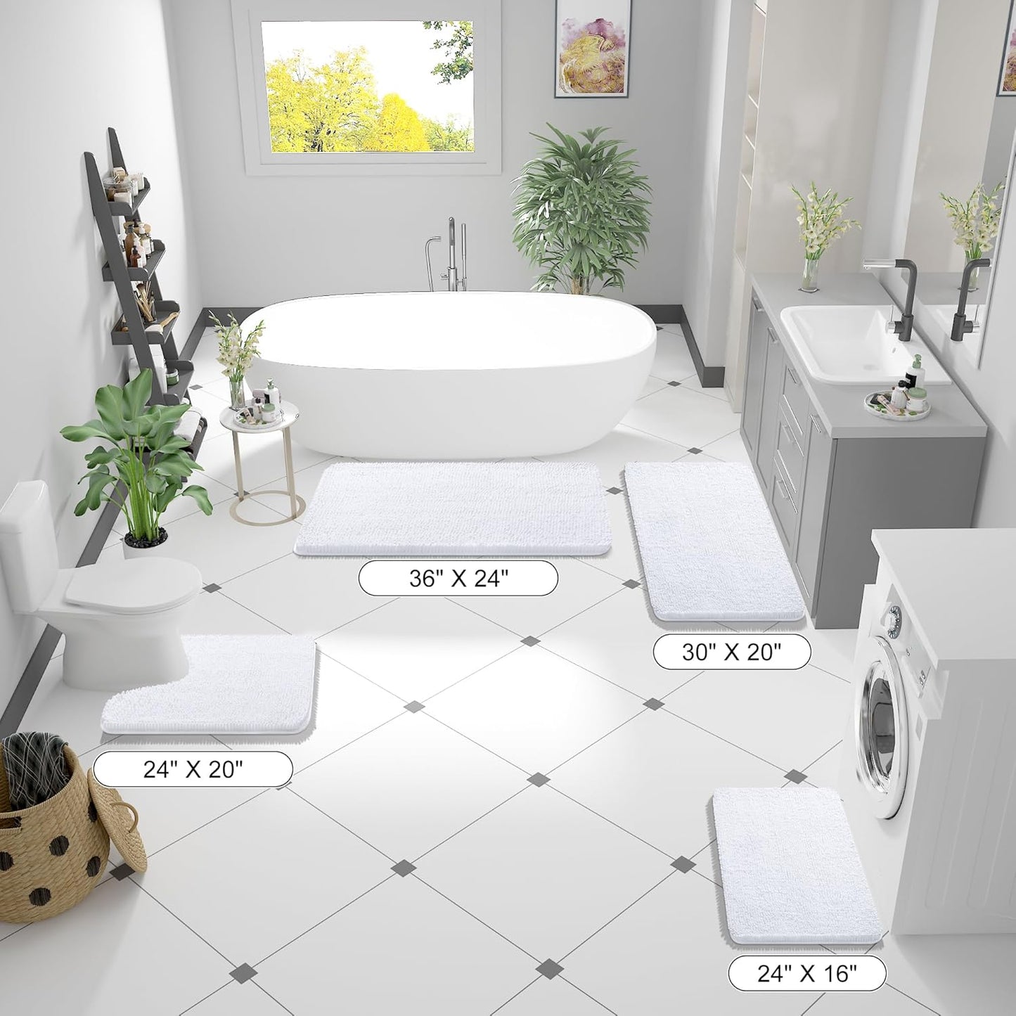 OLANLY Bathroom Runner Rugs - Extra Soft Chenille Bath Mats | 47x24, Quick Dry, Machine Washable, White