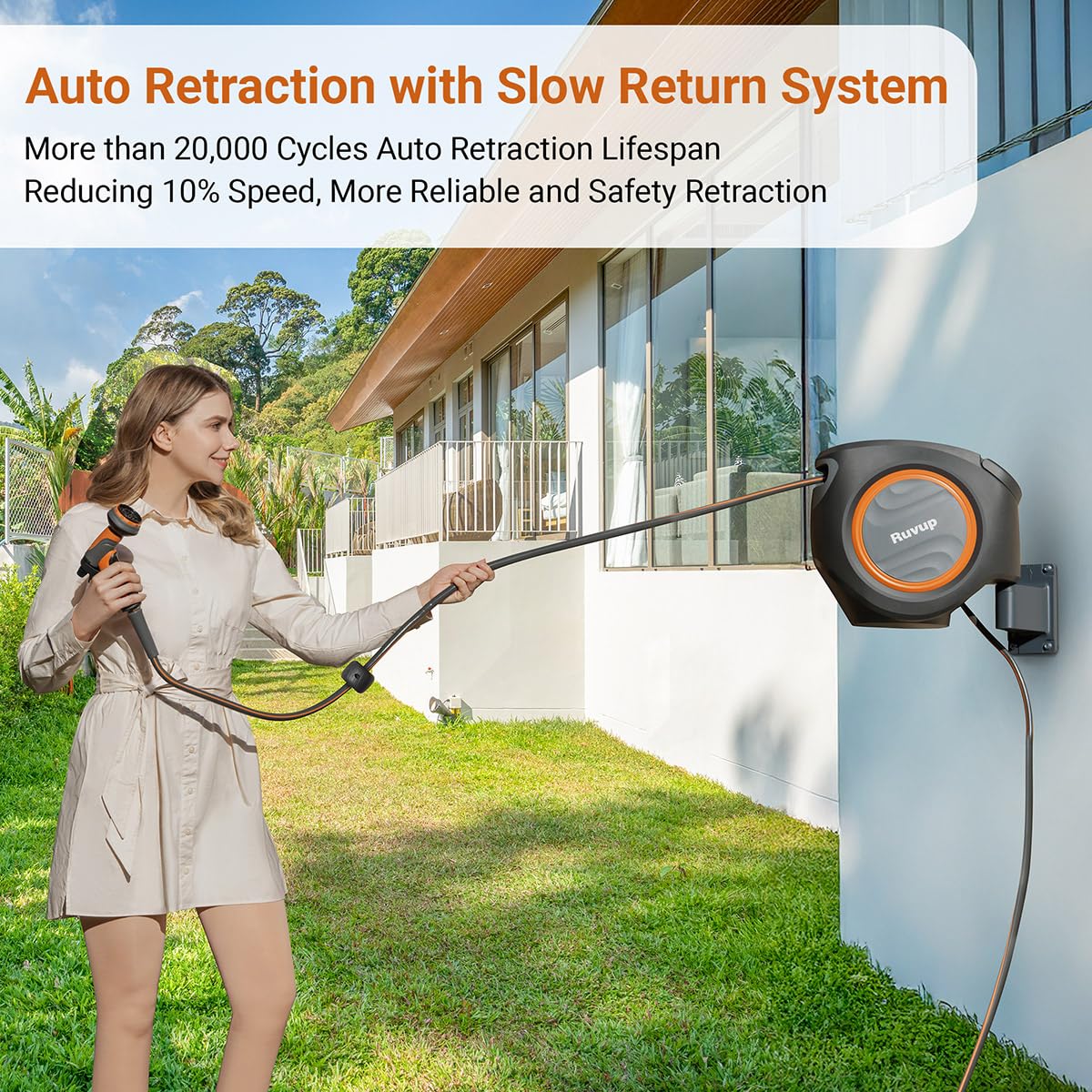 Ruvup Retractable Garden Hose Reel, 5/8in x 100ft Water Hose Reel with Metal Bracket, UV Resistant Automatic Hose Reel Wall Mount for Outside, Slow Retraction Any Length Lock 10 Spray Nozzle