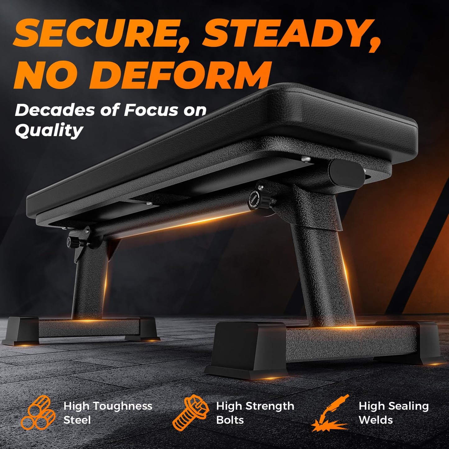 BODY RHYTHM Semi-Commercial Foldable Flat Bench for Multi-Purpose Weight Training and Ab Workout, Flat Weight Workout Exercise Bench with 1000lb Weight Capacity for Strength Training Bench Press, Suitable for Home and Gym.