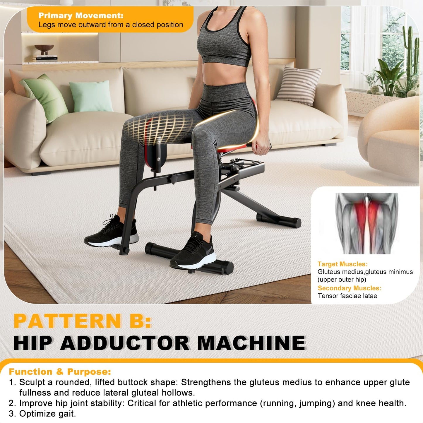 2 in 1 Hip Abductor & Adductor Machine, Compact Home Gym Equipment for Inner & Outer Thigh, Glute Workout Booty Trainer, Adjustable Leg Exercise Machine for Women Men