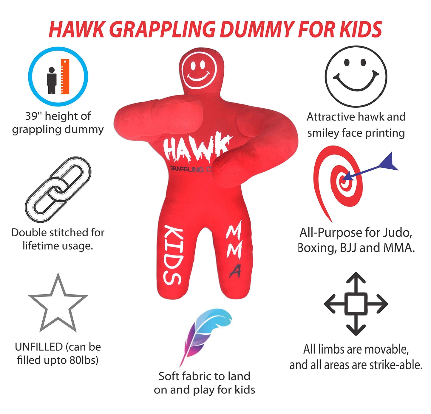 Hawk Sports HWK Kids Grappling Dummy & Baby Wrestling Dummy for Kids Lightweight Life-Size Training Model with Moveable Limbs for MMA, Jiu Jitsu, Judo, Karate, Boxing & Kickboxing - Red