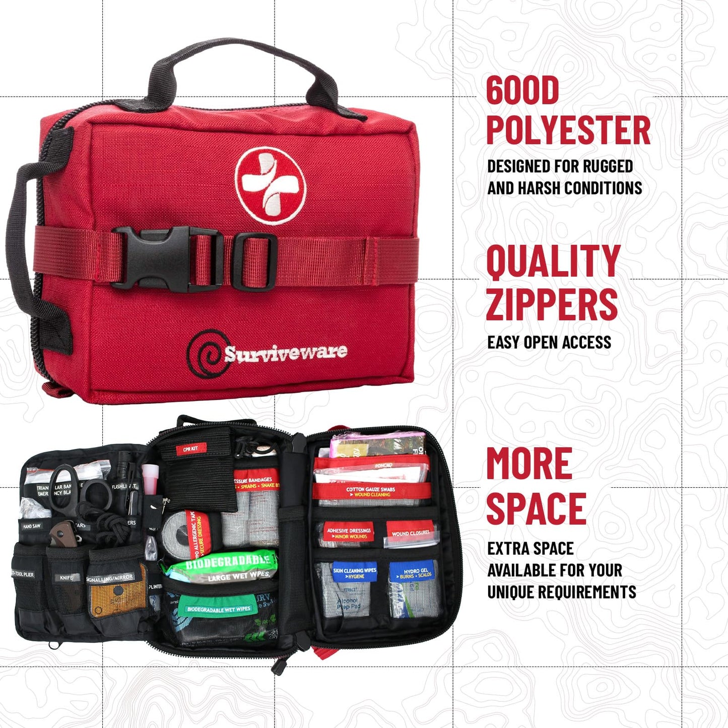 Surviveware 119 Pcs Comprehensive Premium Survival First Aid Kit - Medical Emergency Kit for Travel Camping Gear, Home Essentials & Outdoor Emergencies - Survival Kit