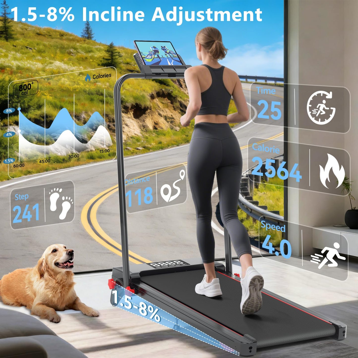 Ecogou Walking Pad with Handle Bar and Incline, 4 in 1 Under Desk Treadmill with Hiking Mode, 2.5HP Low Noise Walking Treadmill Pad with Remote Control,Portable Treadmills for Home Office, Led Display