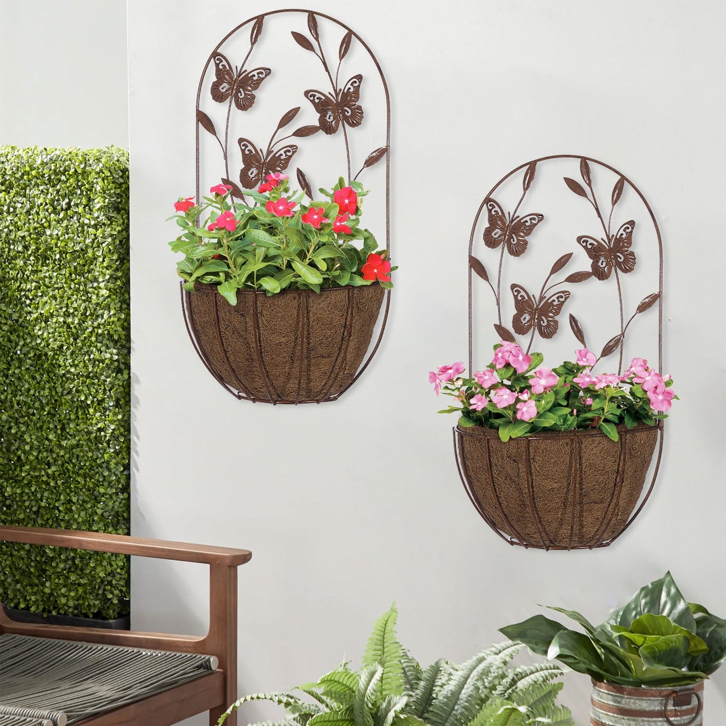 BAYN 2PK Wall Hanging Planter Decor Art with Butterfly, Metal Wall Mounted Planters Indoor Outdoor Wall Planter for Succulent Herb Home Garden Yard