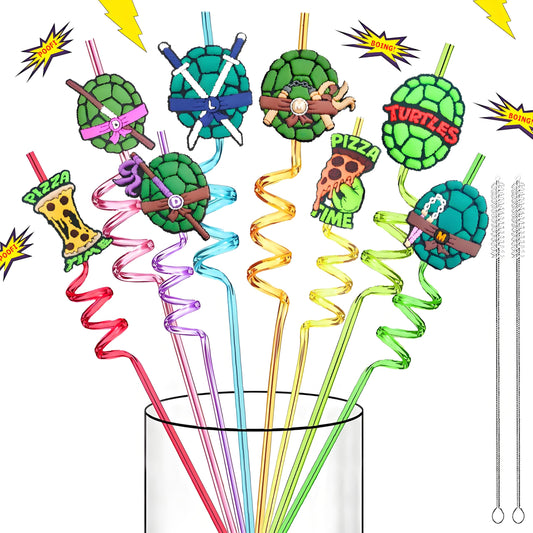Reusable Ninja Green Turtles Themed Party Straws - 24 PCS Plastic Turtles Drinking Straws for Kids Birthday Party Decorations - Party Favors- Party Supplies with 2 Clean Brushes LEDUO