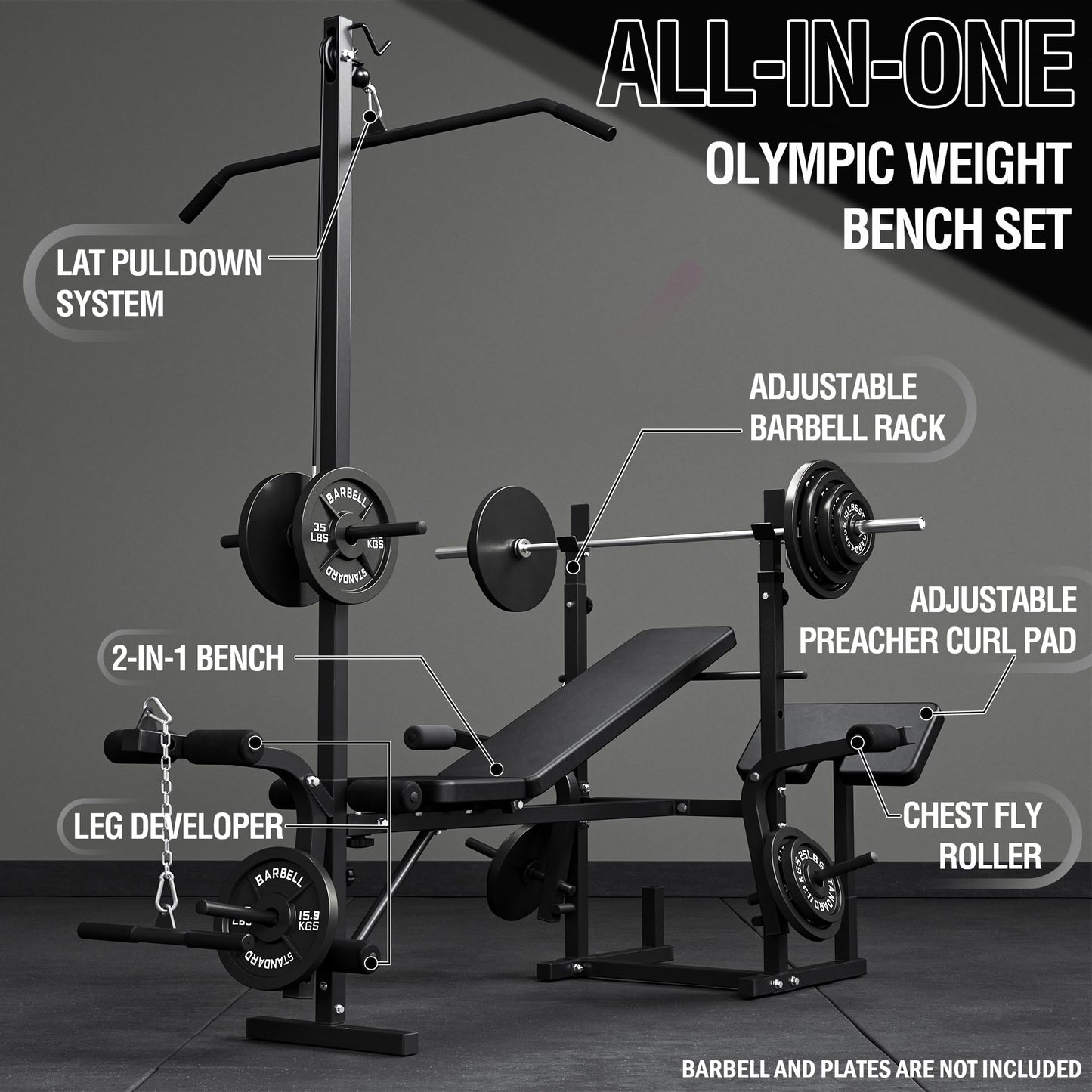 Mikolo 8 in 1 Olympic Weight Bench Set with Leg Extension and Leg Curl, Multi-Function Bench Press Set with Preacher Curl Pad and Chest Fly, Full-Body Strength Training Equipment
