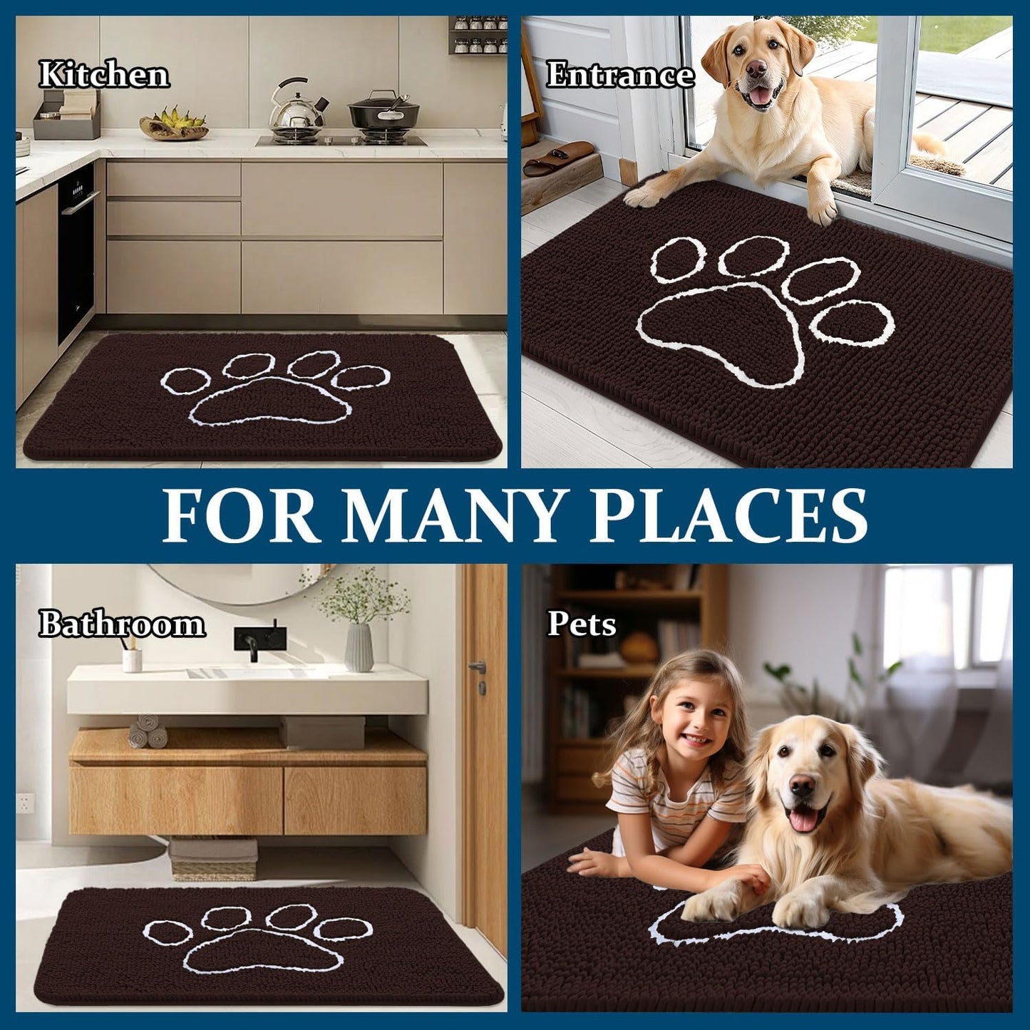 OLANLY Dog Door Mat - Absorbent Non-Slip Mud Mat for Paws | Quick Dry Chenille, 70x46, Brown