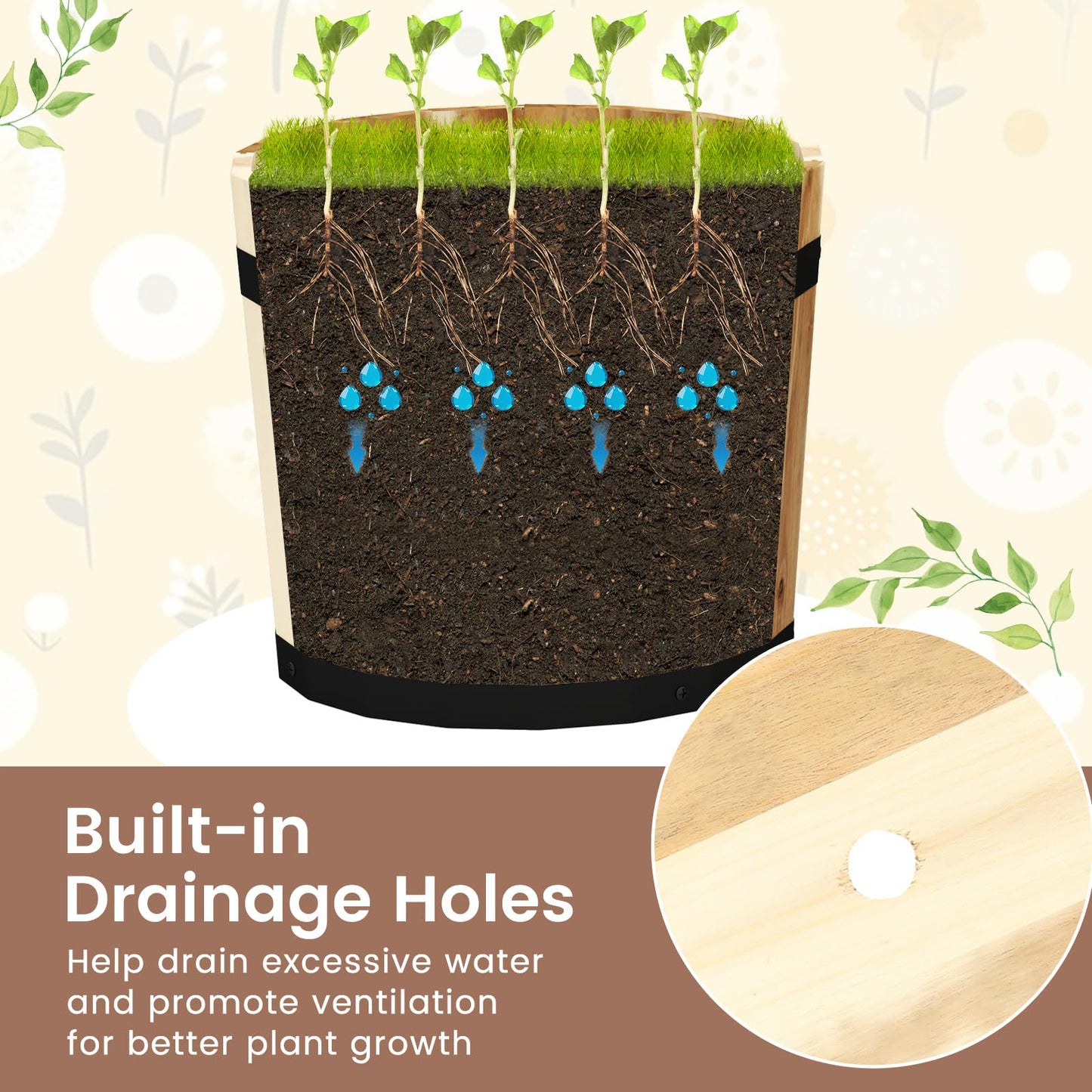 HAPPYGRILL Wooden Plant Pots, 3 Solid Acacia Wood Whiskey Barrel Planters w/Drainage Holes for Flower Herb Shrub, Multi Sizes Indoor Outdoor Patio Planting Flower Pots Home Decoration