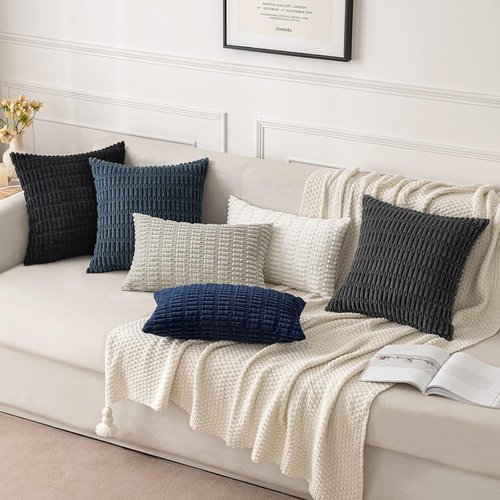 MIULEE Corduroy Decorative Throw Pillow Covers - Soft Boho Striped Design | 20x20 Inch Dark Blue for Modern Farmhouse Decor