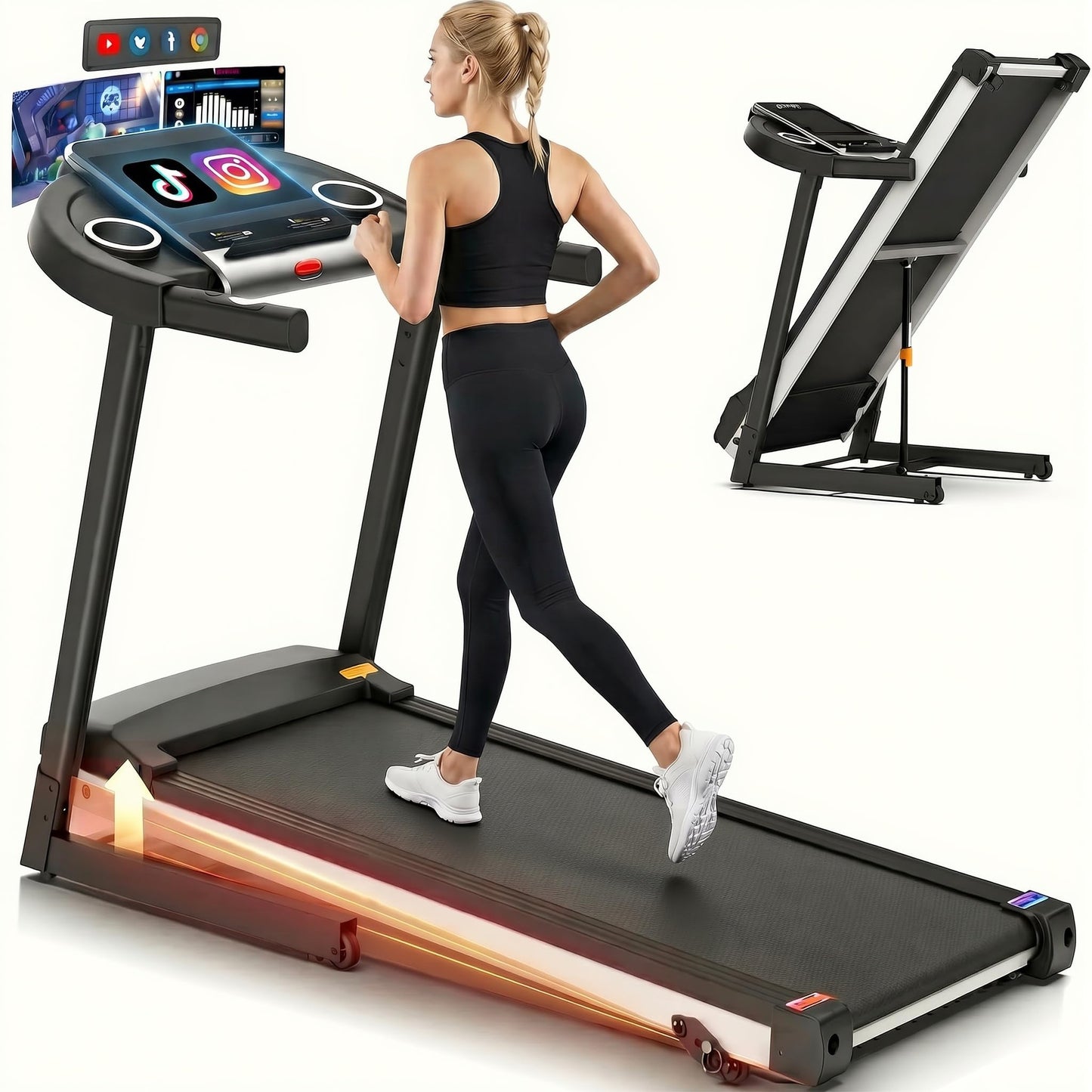 FUNMILY Foldable Treadmills with Incline - Heavy Duty Treadmills with 10" HD WiFi Touchscreen, Smart Walking pad with HiFi Speakers, Running Machine Popular Apps & Interactive Entertainment