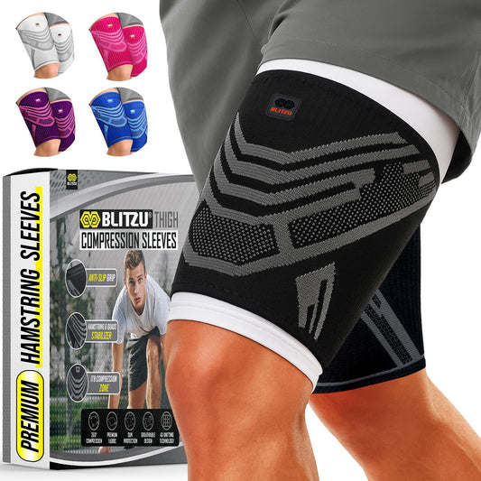 BLITZU Hamstring Compression Sleeve 1 Pair, Upper Leg Sleeves, Thigh, Quad & Groin Support for Men and Women, Anti-Slip Thigh Brace & Wrap for Running, Workout, Sports Recovery Black L