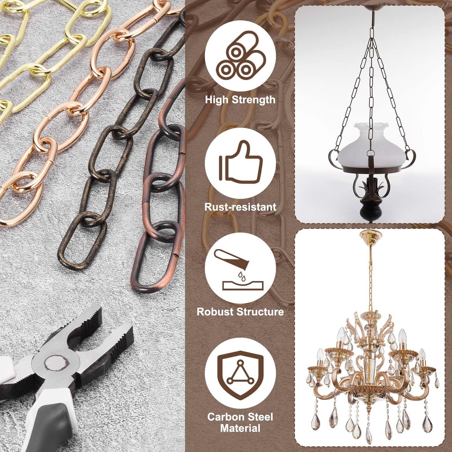 uxcell 6ft Lighting Hanging Chain, 3mm/0.12" Looping Metal Pendant Chandelier Chain Extension with 2 Quick Link Lock for Hanging Plant Pendant Chandelier Light Fixture, Rose Gold