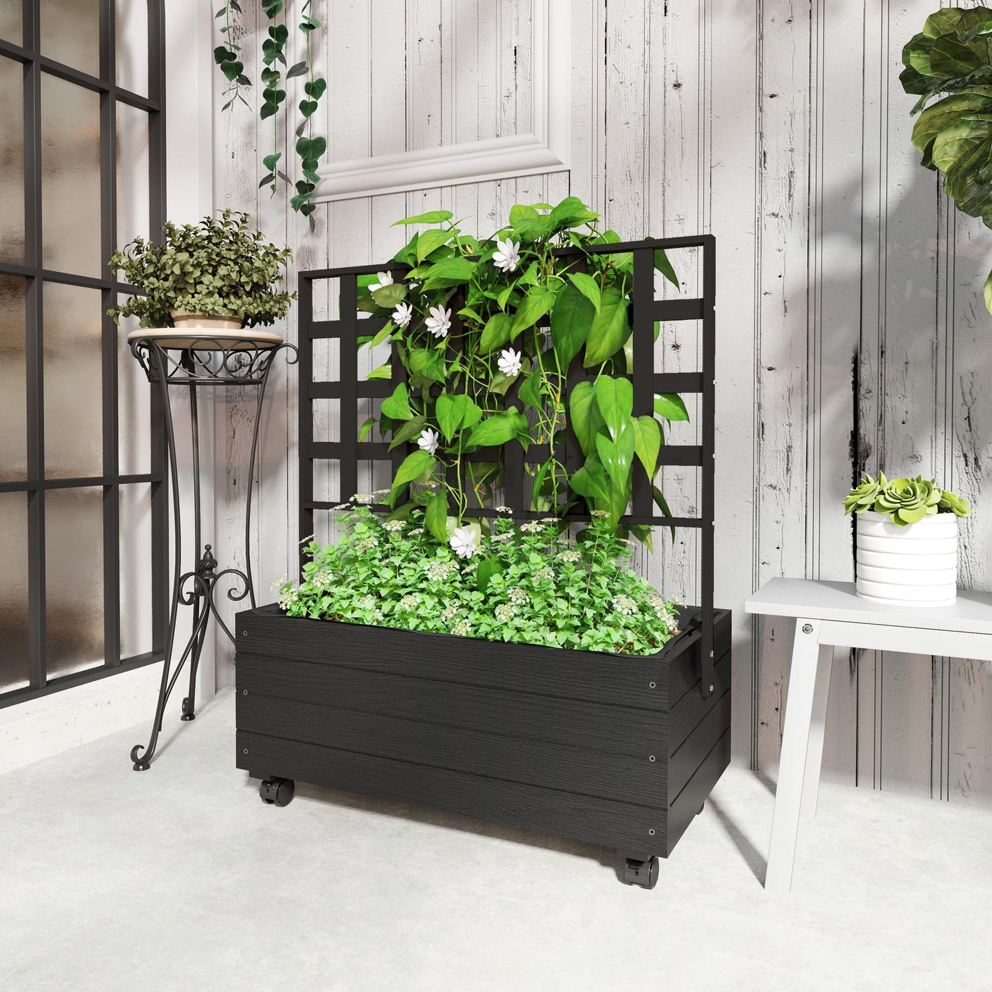 Outsunny Raised Garden Bed with Trellis and Wheels, Outdoor Wooden Elevated Planter Box, Freestanding Raised Flower Bed for Climbing Plants, Flowers, Herbs and Vegetables