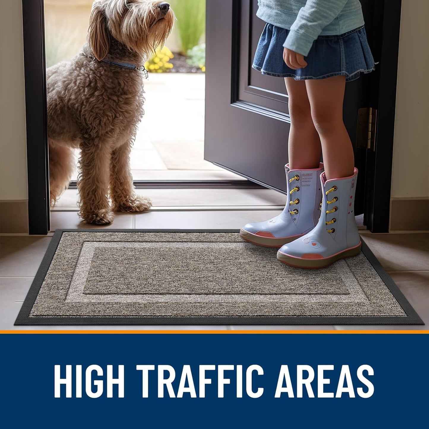 OLANLY Waterproof Front Door Mat - All-Season Natural Rubber Doormat | Easy Clean, Low Profile, 47x23, Khaki & White
