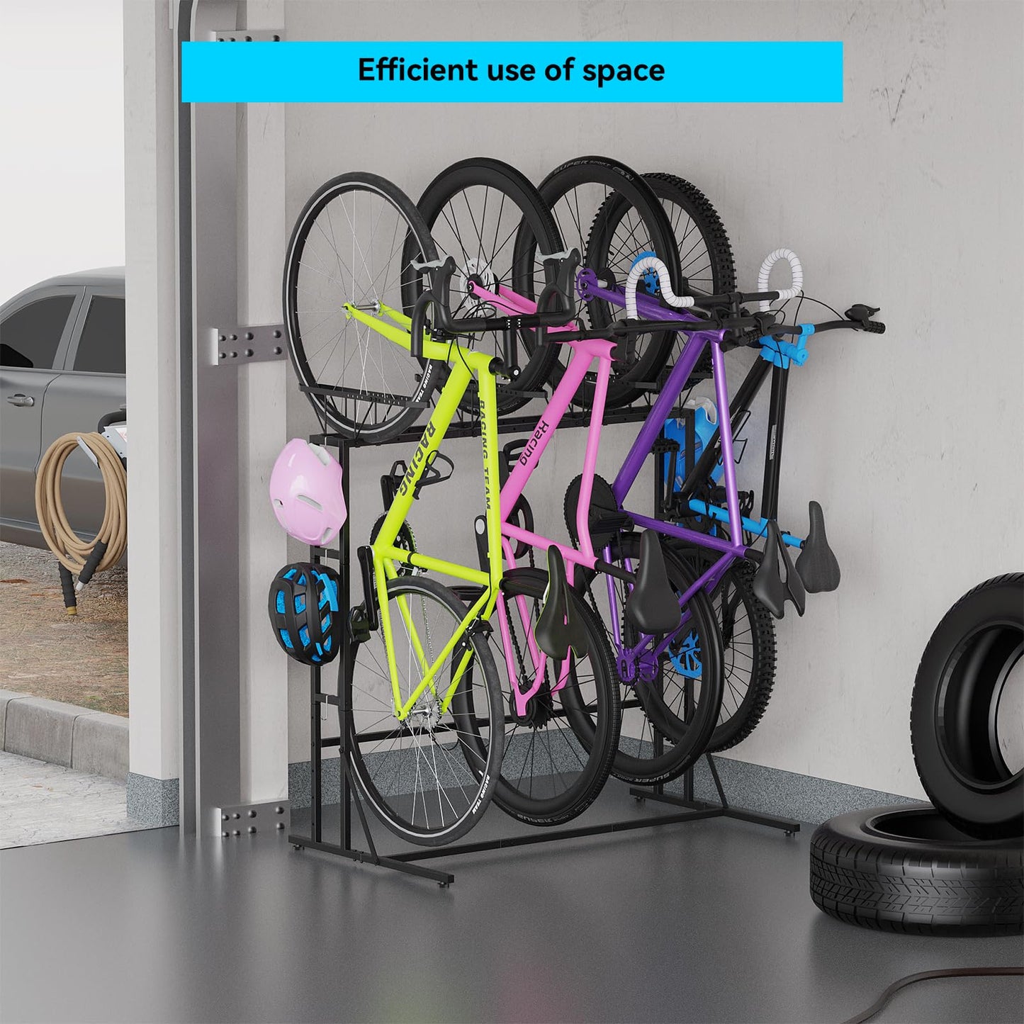 YBING Freestanding Bike Rrack Garage - 4 Bikes Vertical Bike Storage Stand, Floor Stand Bike Racks for Home and Garage Organizer, Indoor, Outdoor