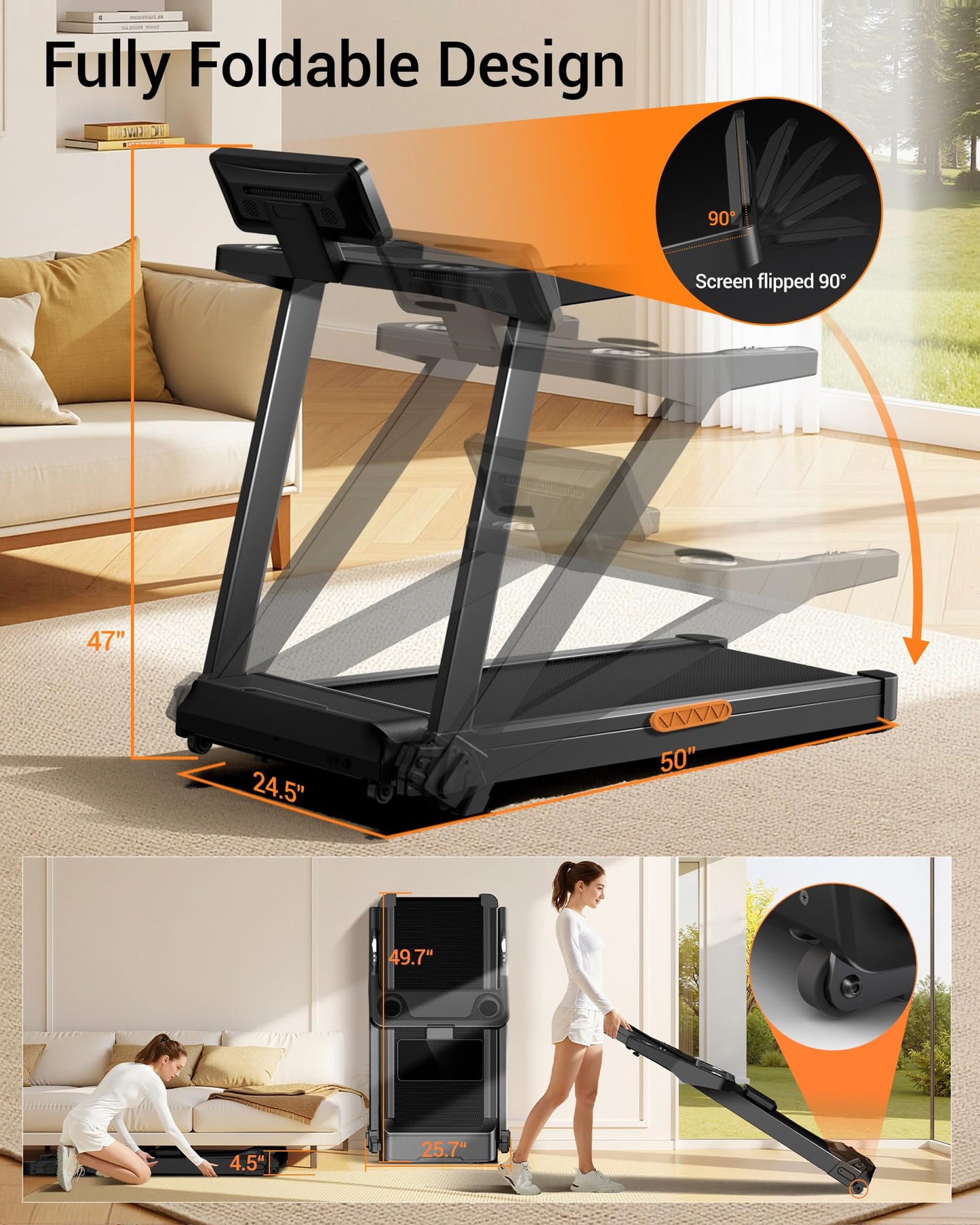CURSOR FITNESS Treadmill with 20% Incline, Treadmills for Home 400 lb Capacity, 3.5HP Quiet Brushless, Folding Treadmill with Handle & Pulse Sensors, Running Machine for Home, 0.6-8.7MPH Speed Range
