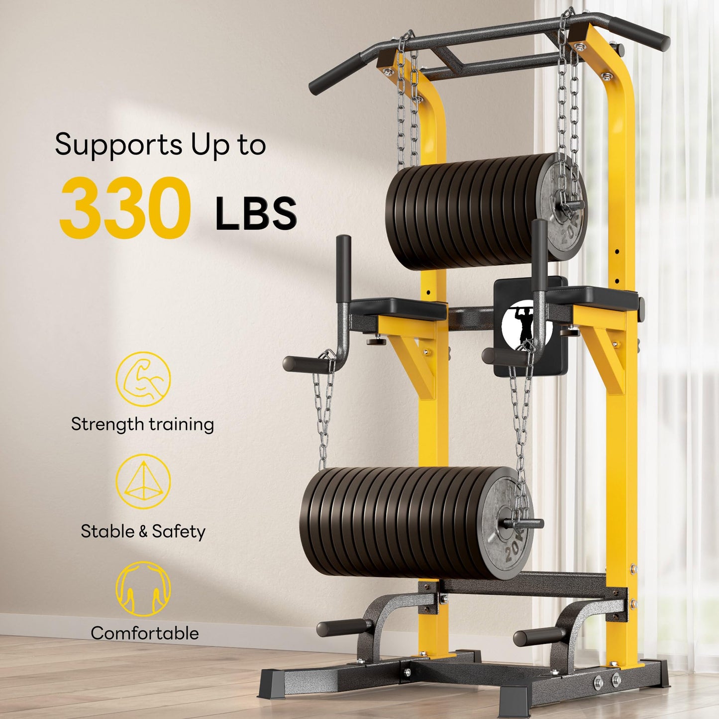 SogesPower Multi-Function Power Tower Pull Up Bar Station Pull Up Dip Station for Home Gym, Adjustable Height Pull Up Bar Stand Dip Bar Strength Training Workout Equipment, Yellow