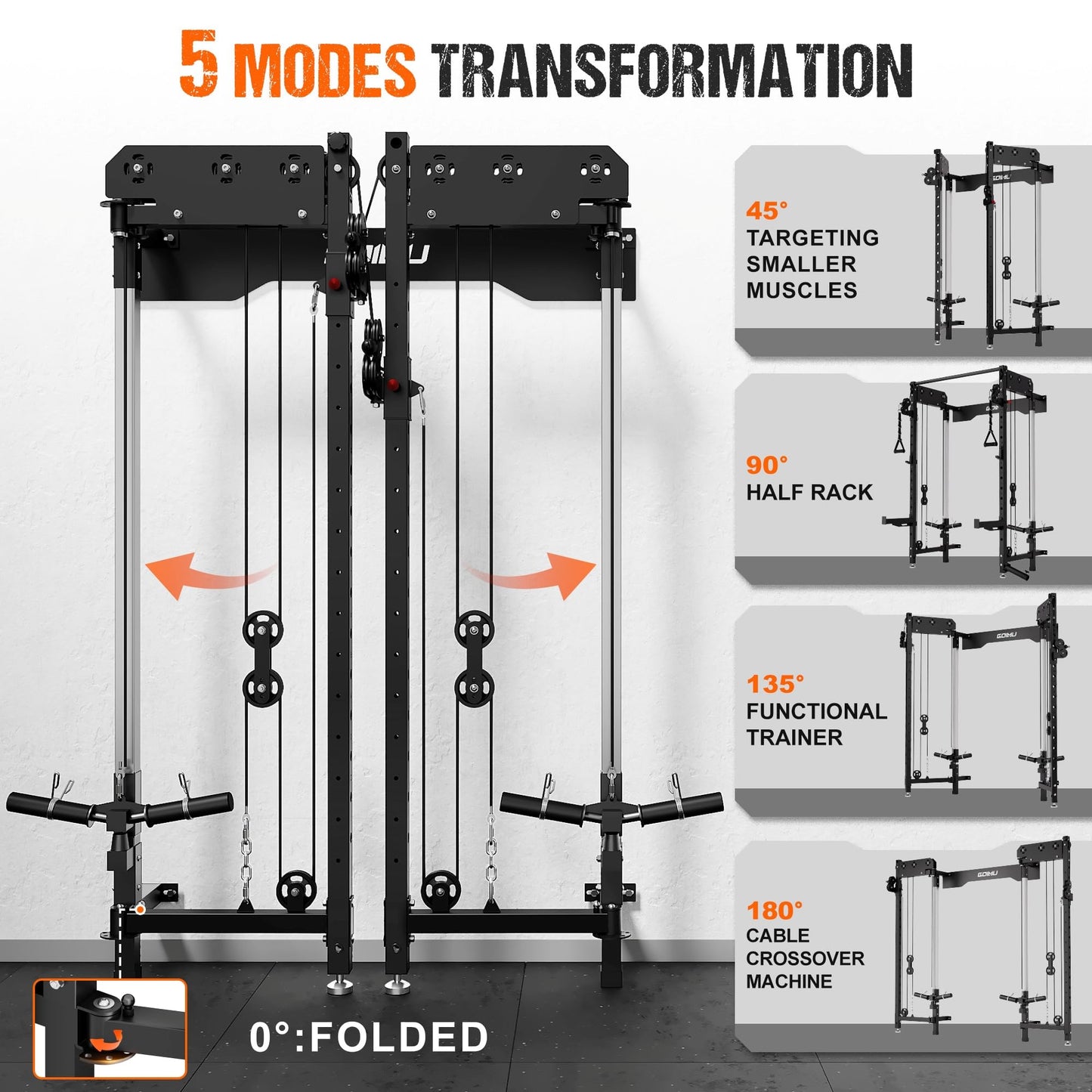 Goimu WM3-V4 Folding Squat Rack, Wall Mounted Power Rack with Dual Independent Pulley System, Functional Trainer with 5 Adjustable Function Modes for Space Saving (WM3 Bundle Black)