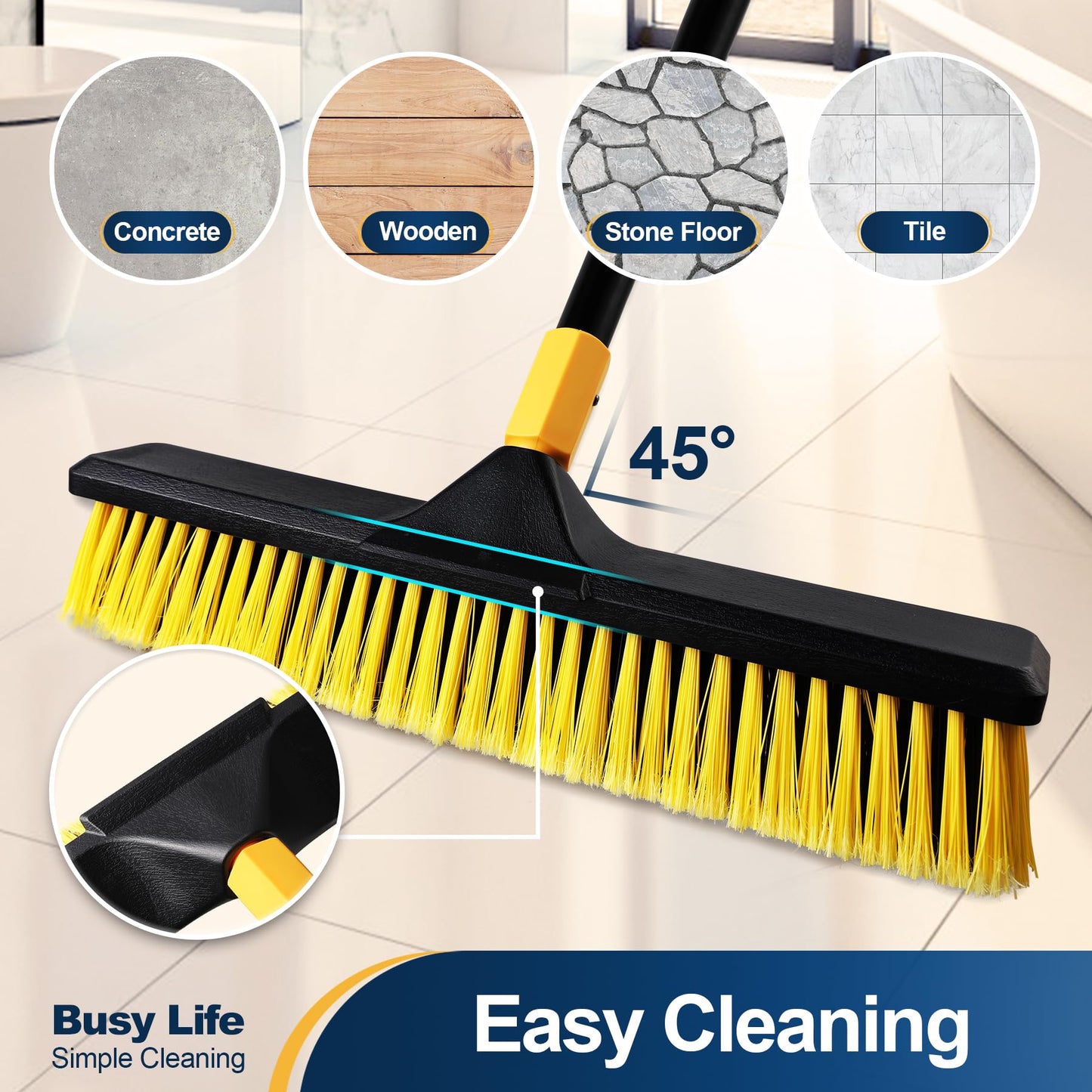 Yocada 18 Inch Push Broom Heavy-Duty Outdoor Commercial Broom Brush Stiff Bristles for Cleaning Patio Garage Deck Concrete Wood Stone Tile Floor 65.3 inch Long