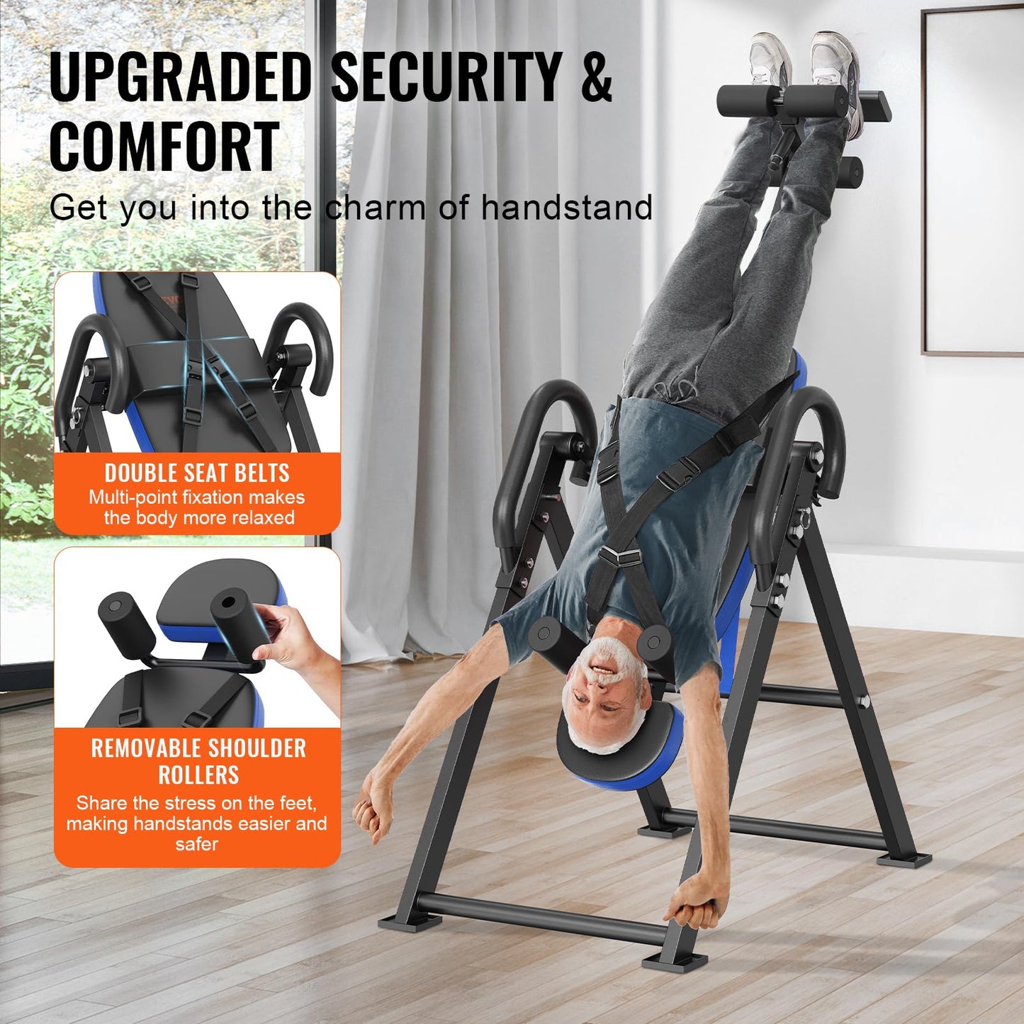 VEVOR Inversion Table, 300 lbs Capacity Heavy Duty Inversion Table, Decompression Back Stretcher Machine, Strength Training Equipment with Headrest, Ankle Lock, Adjustable Protective Belt, Blue/Black