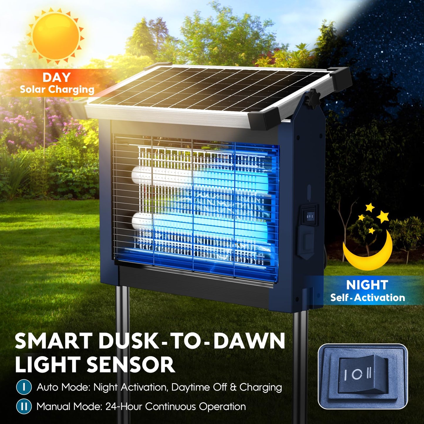 Solar Bug Zapper Outdoor, Waterproof Mosquito Zapper Outdoor Solar Powered, 4500V Electric Bug Zapper Indoor w/Smart Light Sensor, Mosquito Trap Fly Zapper for Patio Kitchen Garage Yard Camping