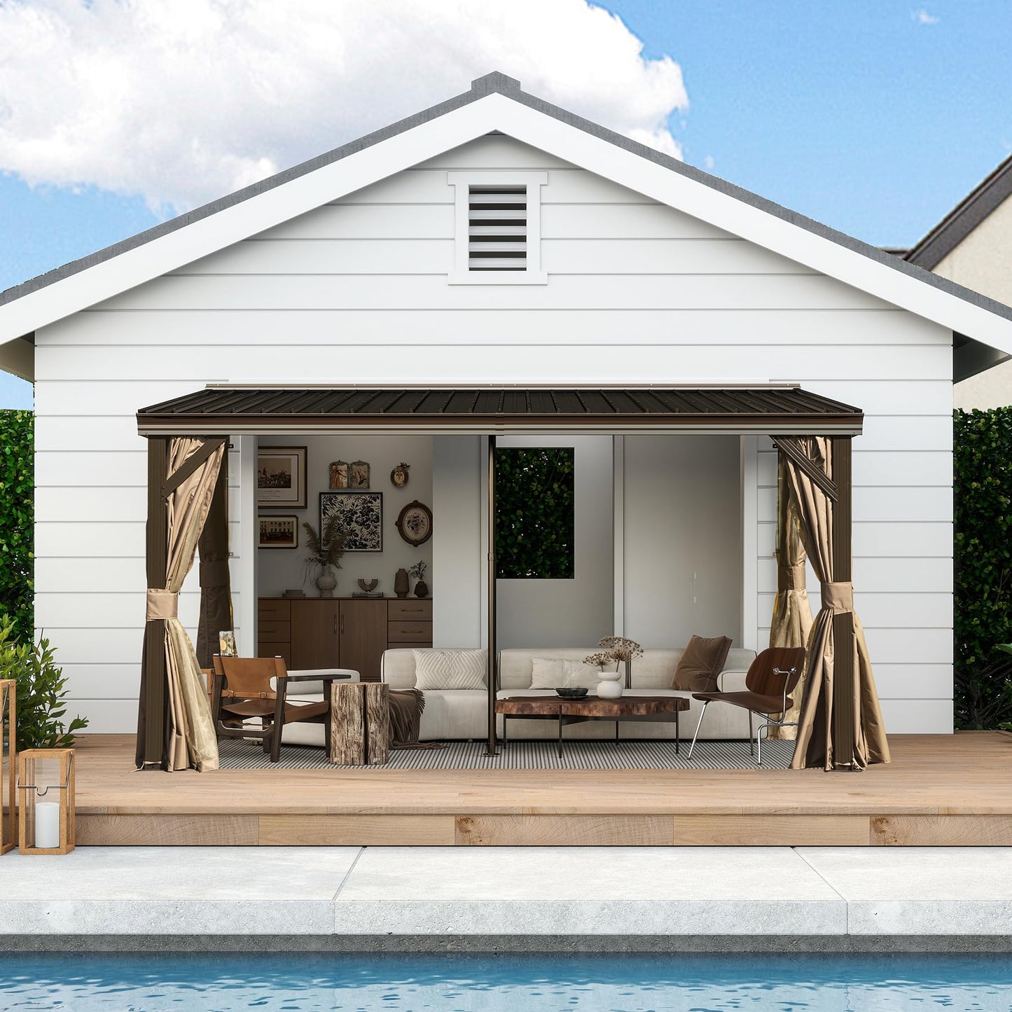 Domi 10x14FT Lean to Gazebo with Gutters, Outdoor Wall Mounted Pergola Hardtop with Galvanized Steel Sloping Roof, Patio Metal Canopy with Curtains and Nettings, Outside Awning for Backyard, Garden