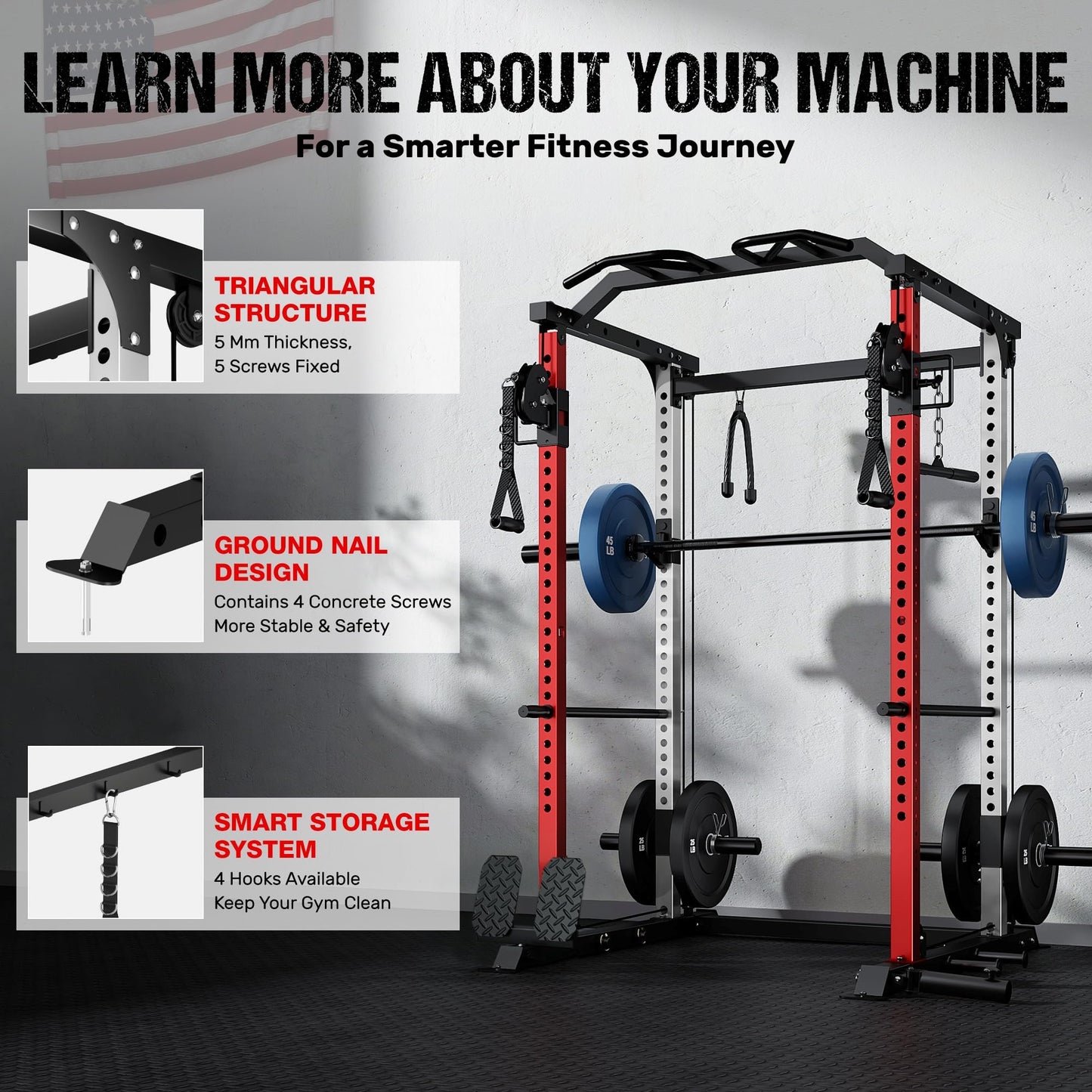 GOIMU DP01 Power Cage, 2000LBS Squat Rack with Cable Crossover and Dual Independent Pulley System, Full Cage for Full Body Training, Power Rack with More Training Attachments for Home Gym (Red)