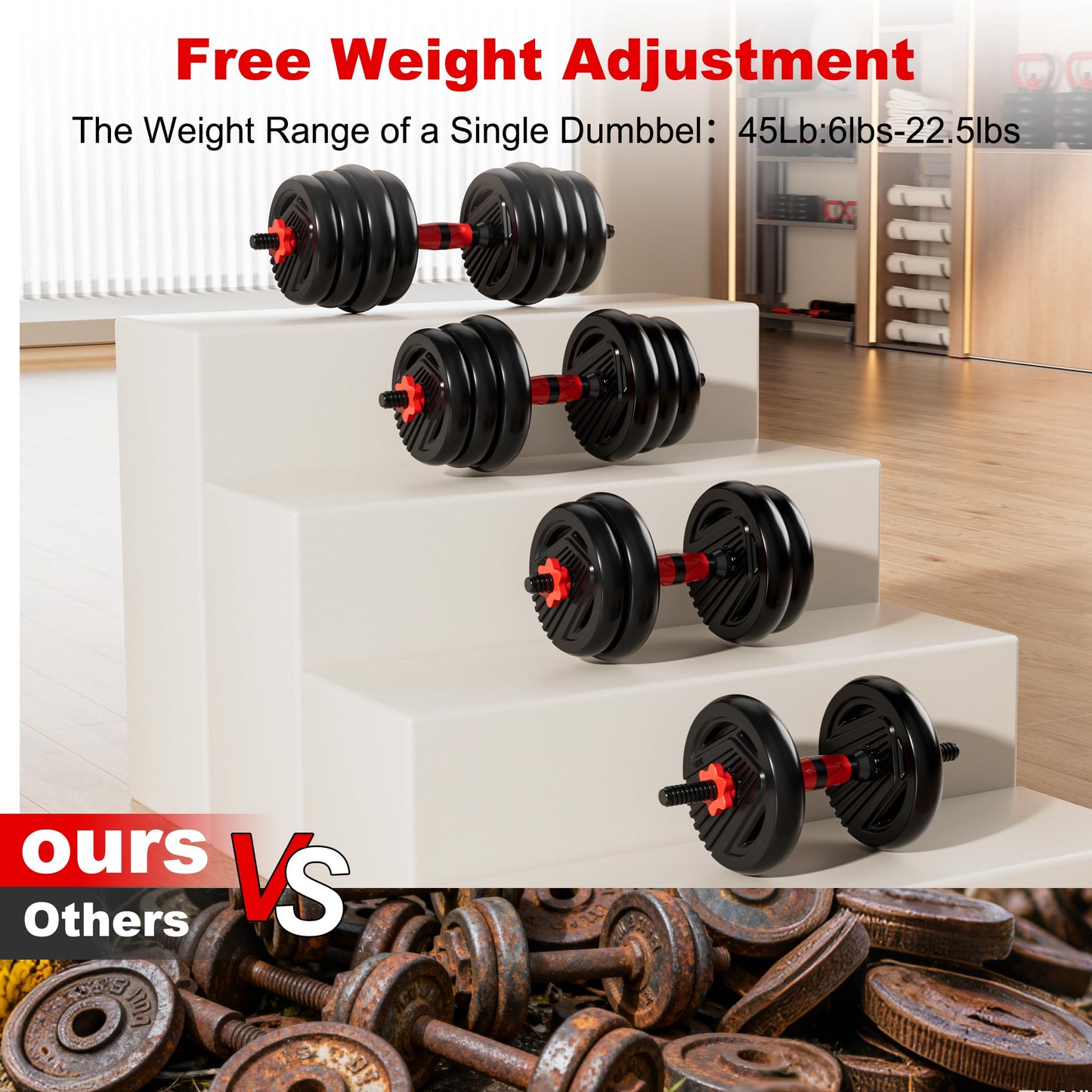 SCEPKN Adjustable Dumbbell Set, 10/20/30/45/70/90lbs Free Weight Set with Connector, 5 in1 Dumbbells Set Used as Barbell, Kettlebells, Push up Stand,Weight Plate, Fitness Exercises for Home Gym Suitable Men/Women