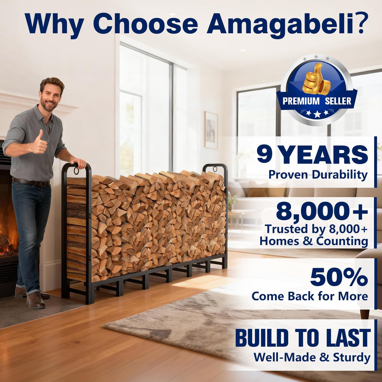 Amagabeli 8ft Firewood Log Rack Outdoor Heavy Duty Logs Holder for Fireplace Indoor Outdoor Adjustable Wood Racks for Fire Wood Holder Metal Pile Stand Storage Stacker Organizer Black