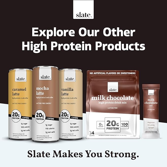 Slate Milk - High Protein Milk Shake - Classic Chocolate - Lactose Free, 20g Protein, 1g Sugar, 100 Calories, 2g Net Carbs, No Added Sugar - Natural, Breakfast Boost, Post Workout - 11 fl oz, 24 Cans