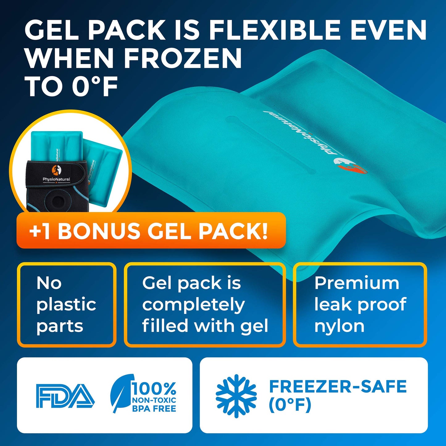 PhysioNatural Ice Pack for Knee Pain Relief, Reusable Gel Ice Wrap for Leg Injuries, Swelling, Knee Replacement Surgery, Cold Compress Therapy for Arthritis, Meniscus Tear and ACL