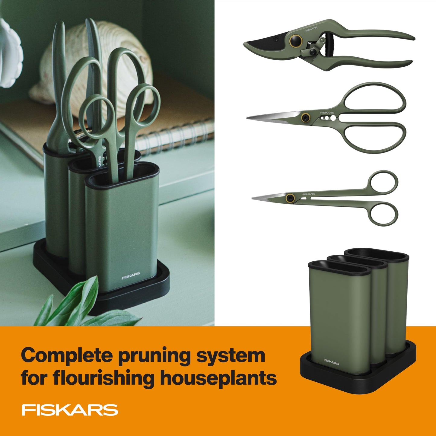 Fiskars Indoor Plant Care 3-Piece Set, Precision Gardening Tools with Nesting Storage Caddy, Detail Snips, Stem Shears & Bypass Pruner for Trimming & Shaping Houseplants, Stainless Steel Blades, Green