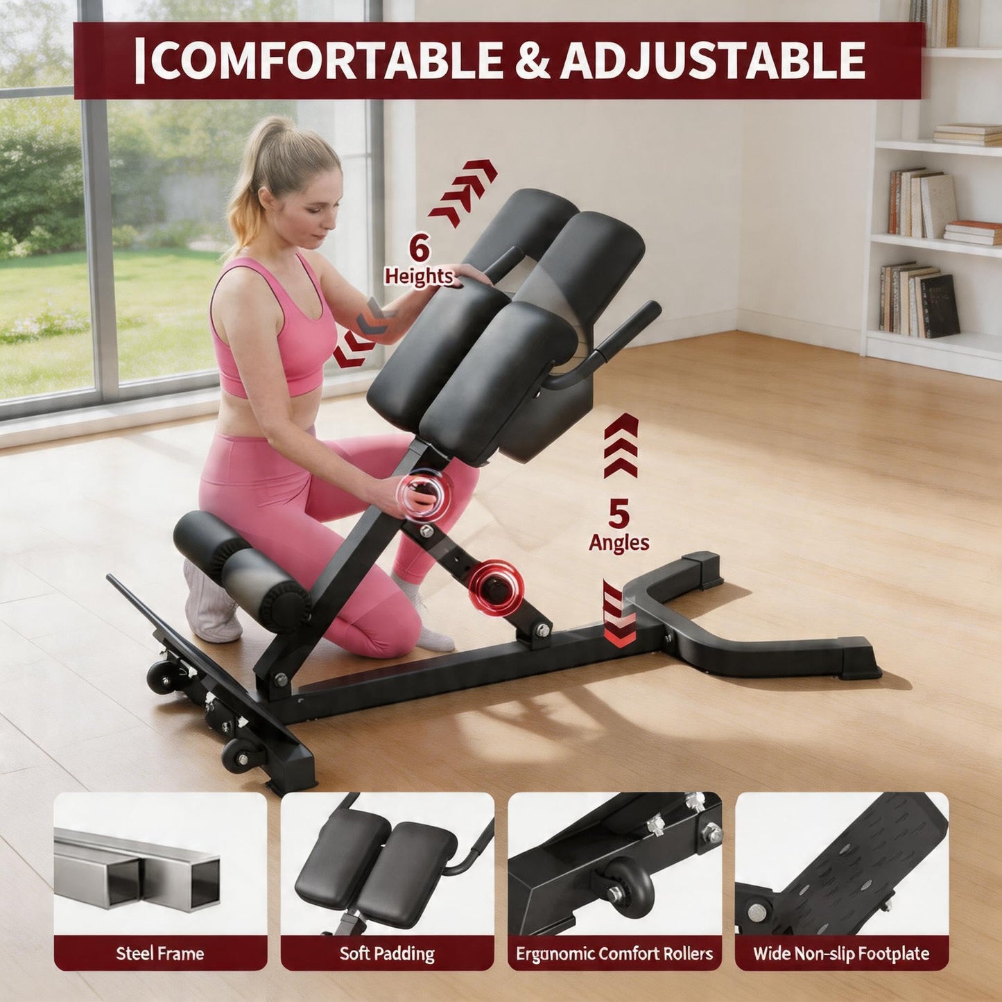 6 Height & 5 Angle Adjustable Roman Chair Hyperextension Bench - Multi-Function Back Extension Machine for Glutes, Hamstrings & Core - Foldable with Transport Wheels for Home Gym