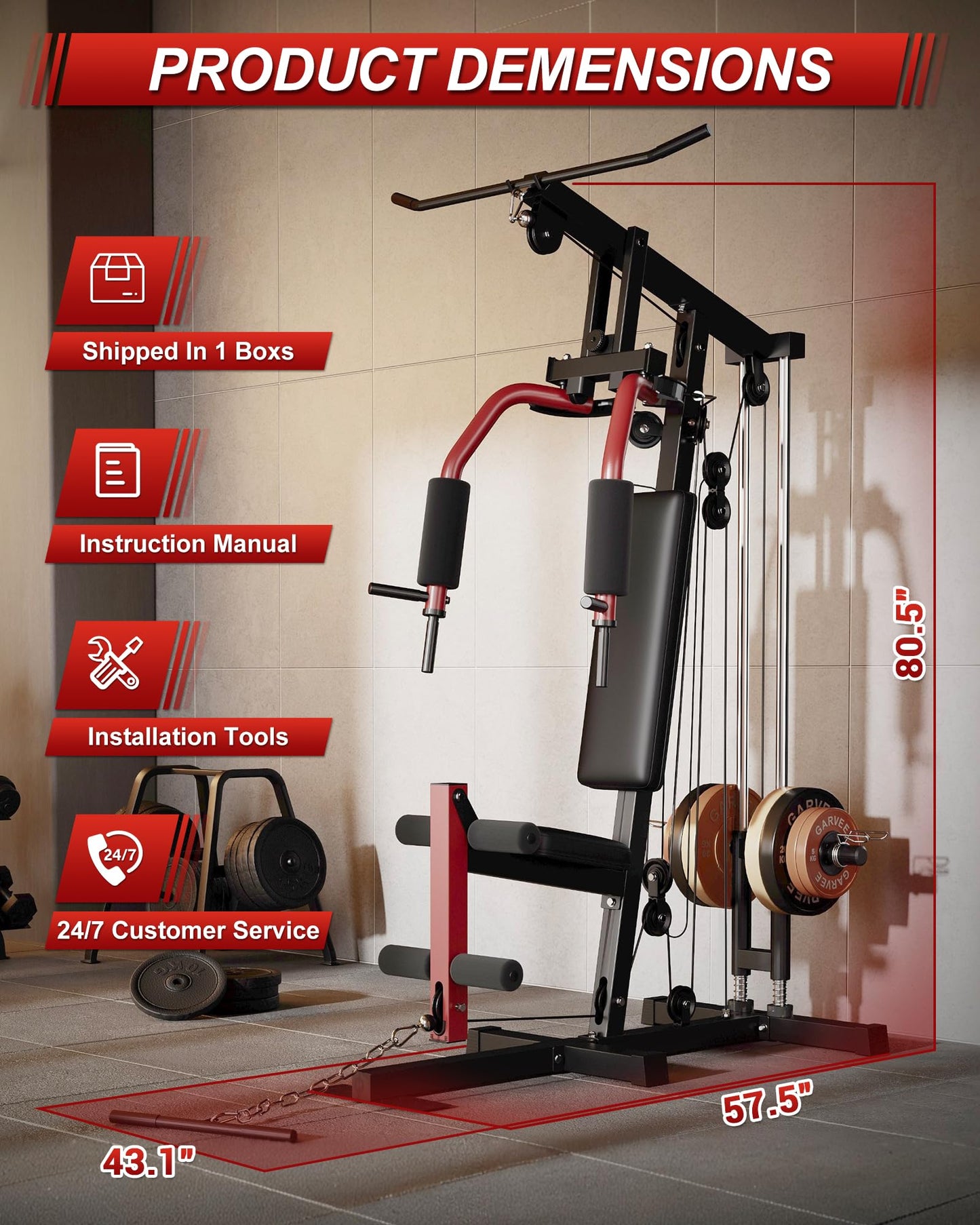 Home Gym Equipment, Compact Weight Machine for Home Full Body Workout, Multifunctional Strength Training Station with LAT Pulldown, Leg Extension, PEC Deck, Fits 1" & 2" Plates, 300LBS